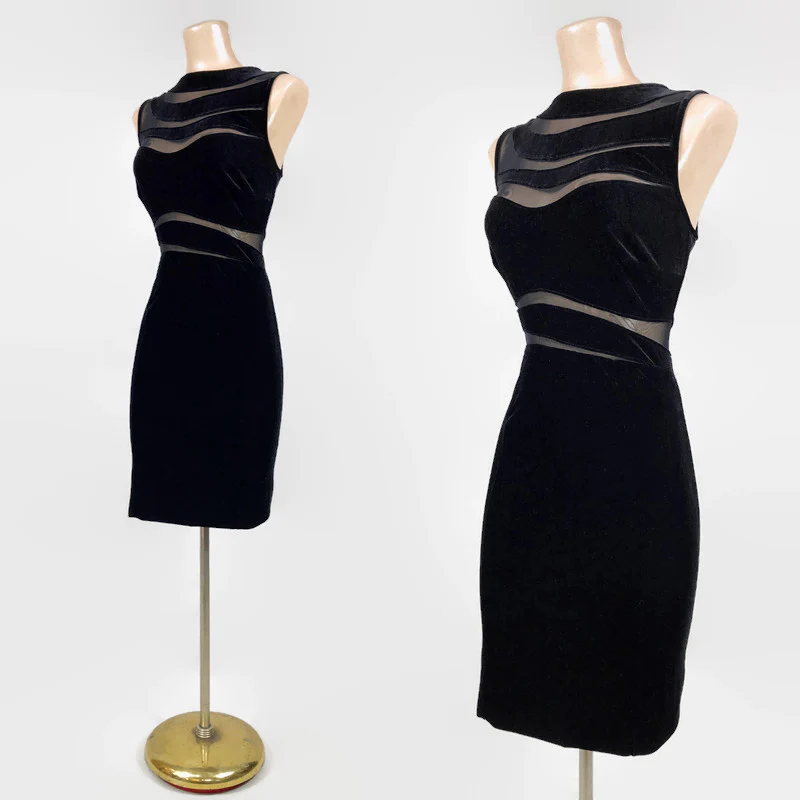 80s Vintage Velvet And Peek-a-boo Mesh Cocktail Dress By Tadashi - Image 6