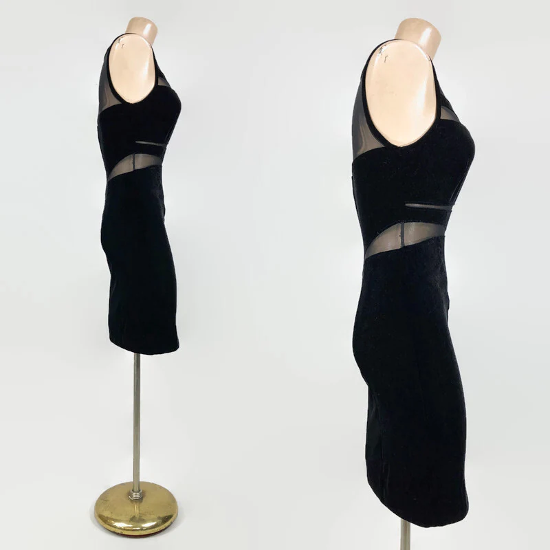 80s Vintage Velvet And Peek-a-boo Mesh Cocktail Dress By Tadashi - Image 7