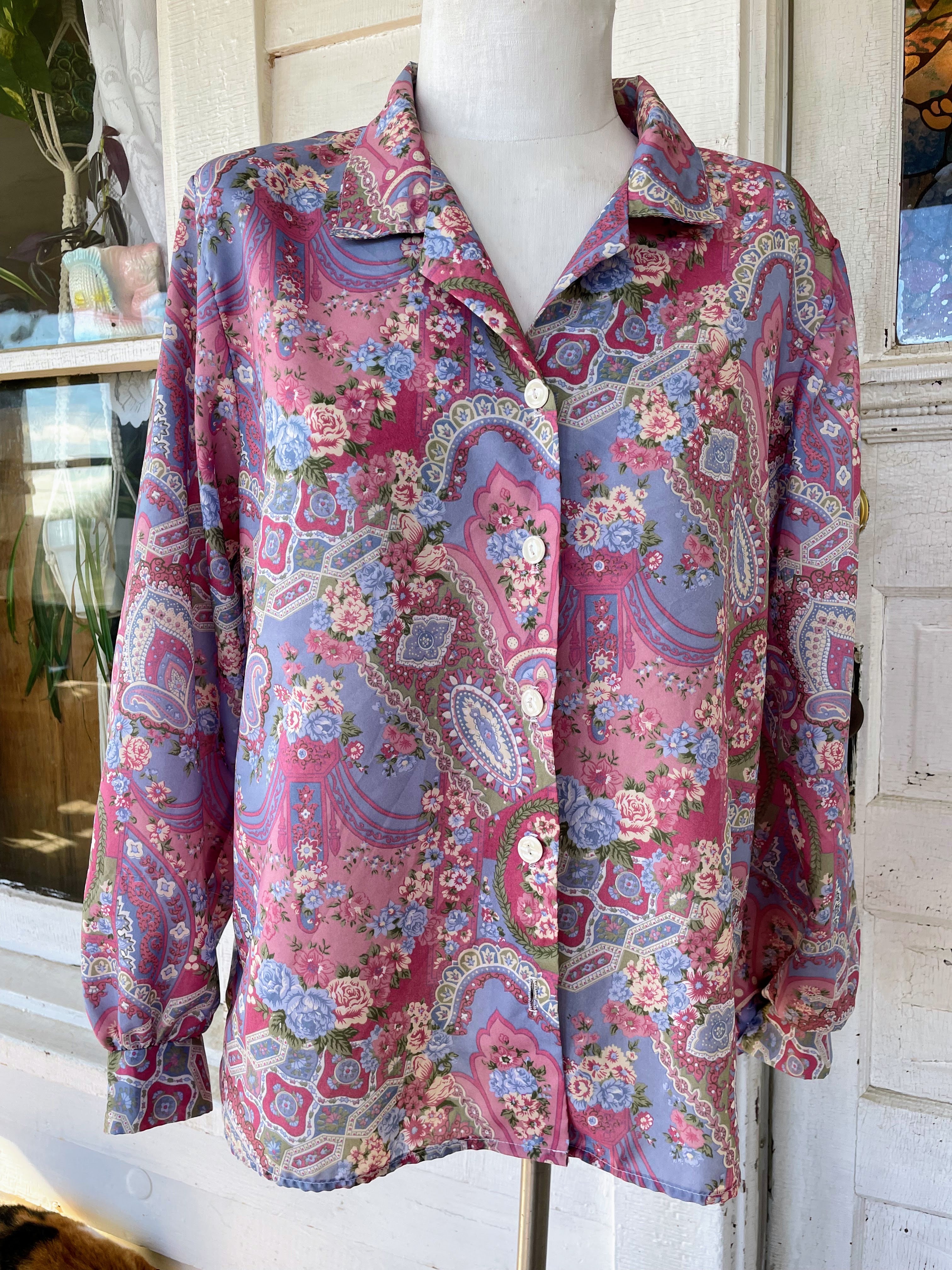 80s Vintage Womens Purple Pink Paisley Blouse Xl - Image 13