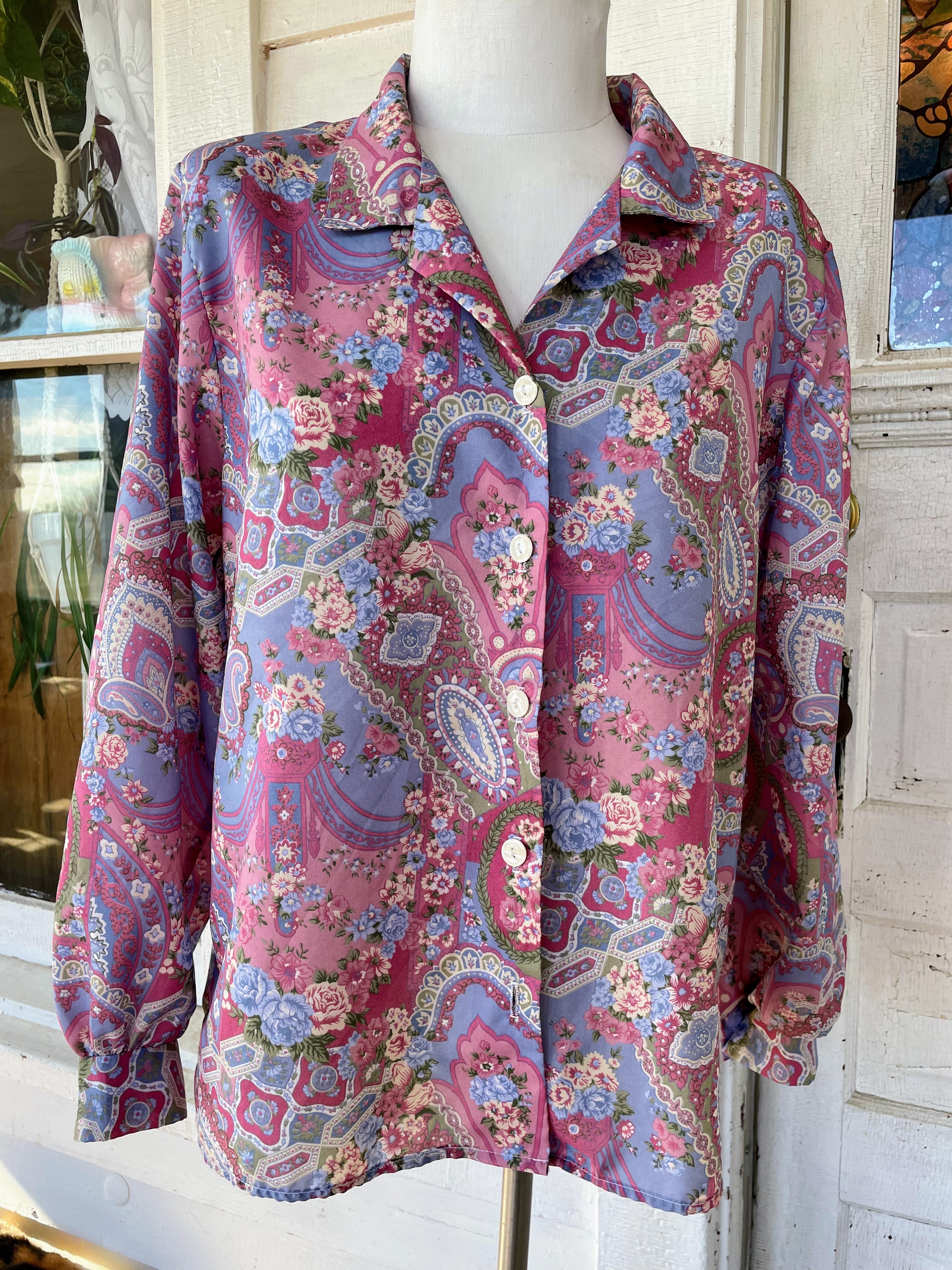 80s Vintage Womens Purple Pink Paisley Blouse Xl - Image 9