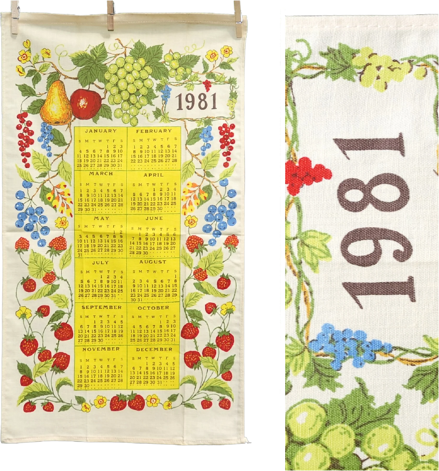 80s Vtg 1981 Summer Fruits Vinesflowers Calendar Towel - Image 2