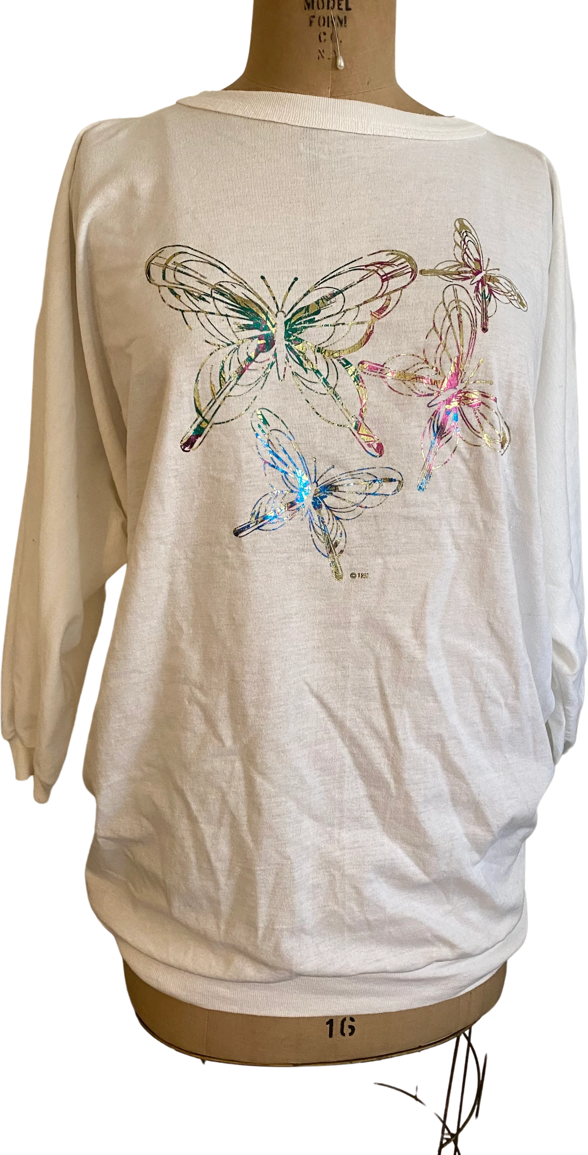 80s Vtg Rainbow Glitter Butterly Dolman Sleeve Top By Trsi