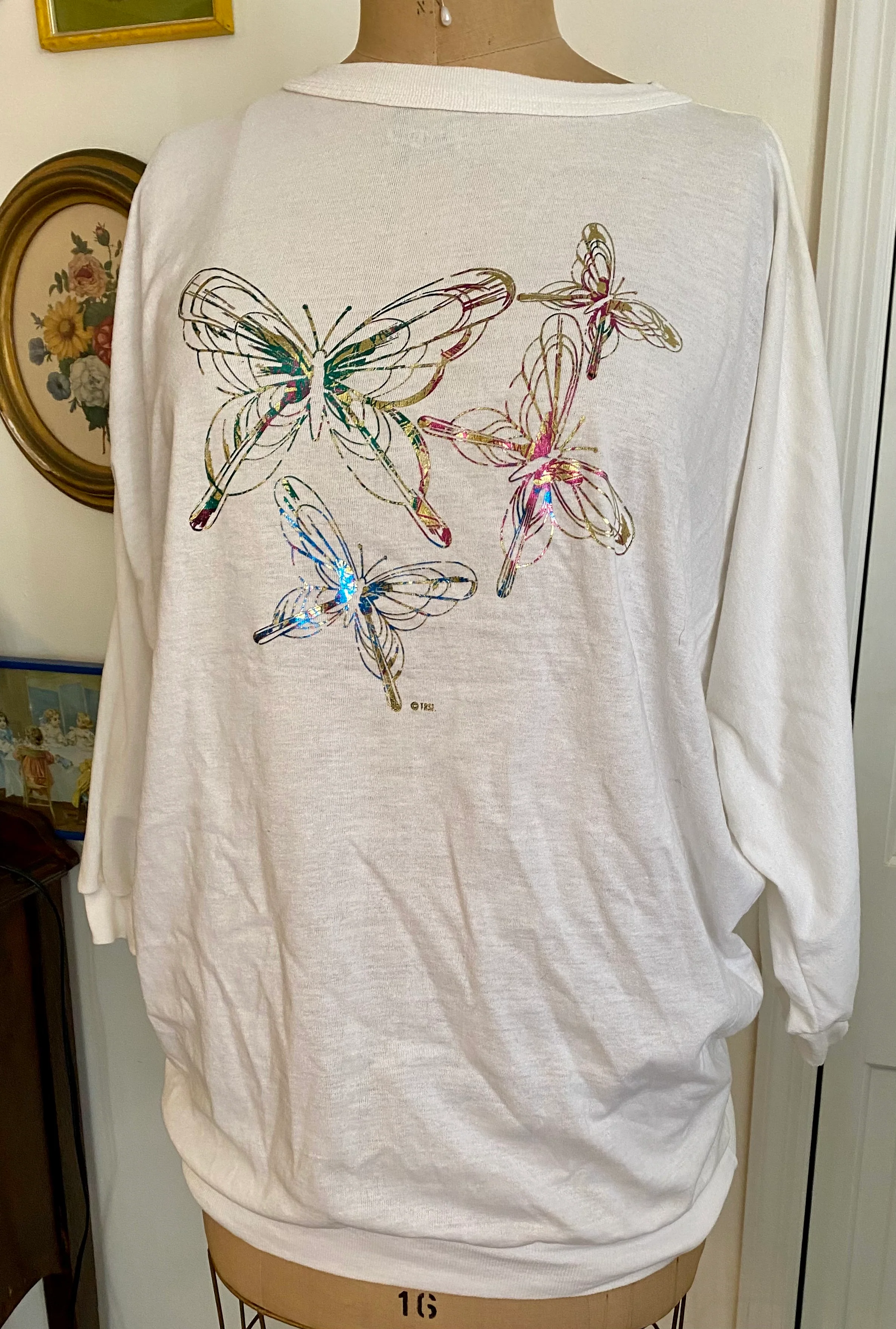 80s Vtg Rainbow Glitter Butterly Dolman Sleeve Top By Trsi - Image 5