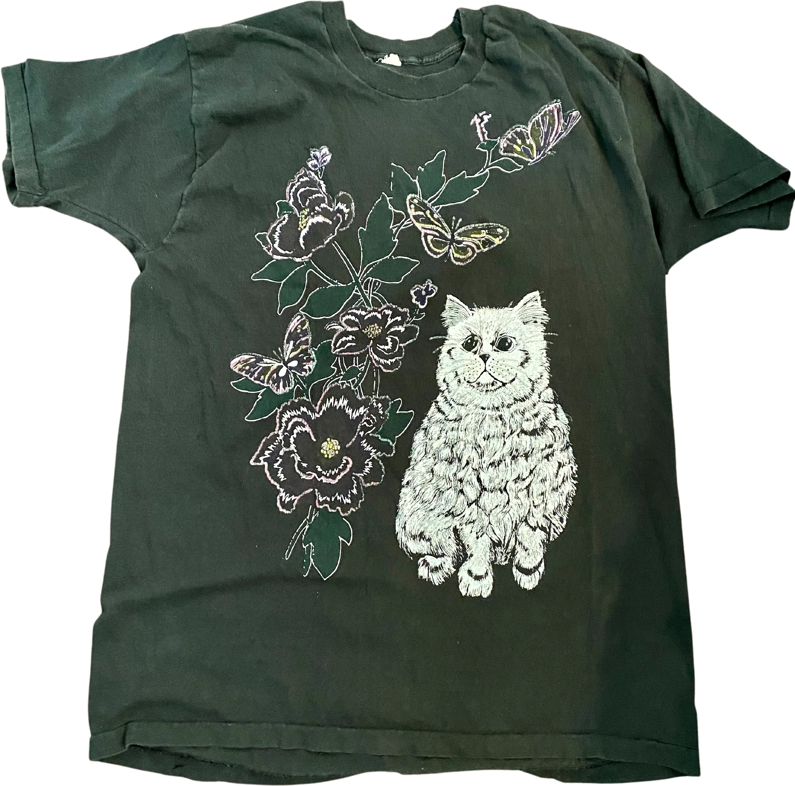 80s Vtg White Glitter Cat Flower Butterfly T-shirt Plu By Screen Stars