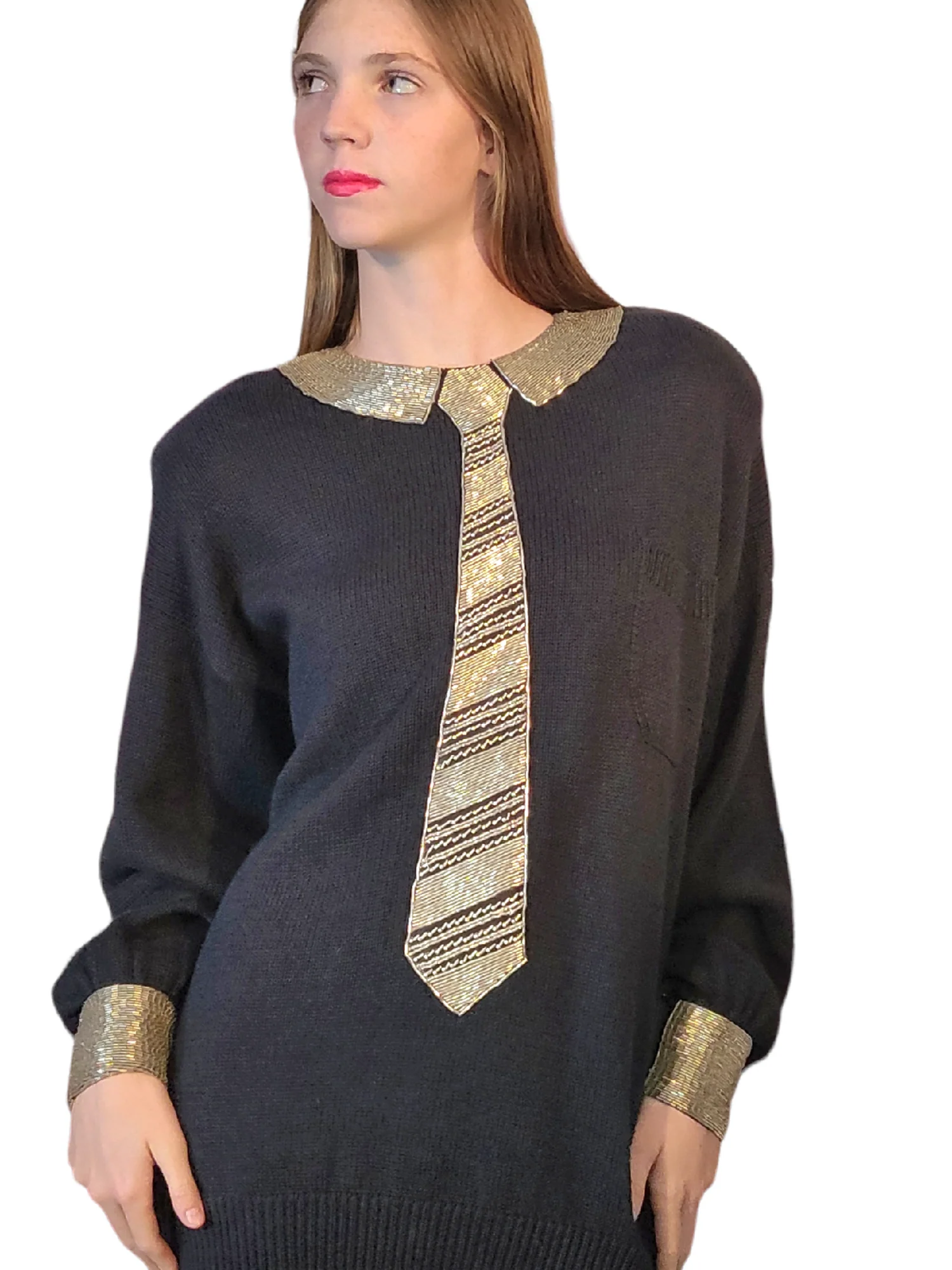 80s Whimsical Trompe L'oeil Beaded Oversized Sweater By Bonnie Boerer - Image 3