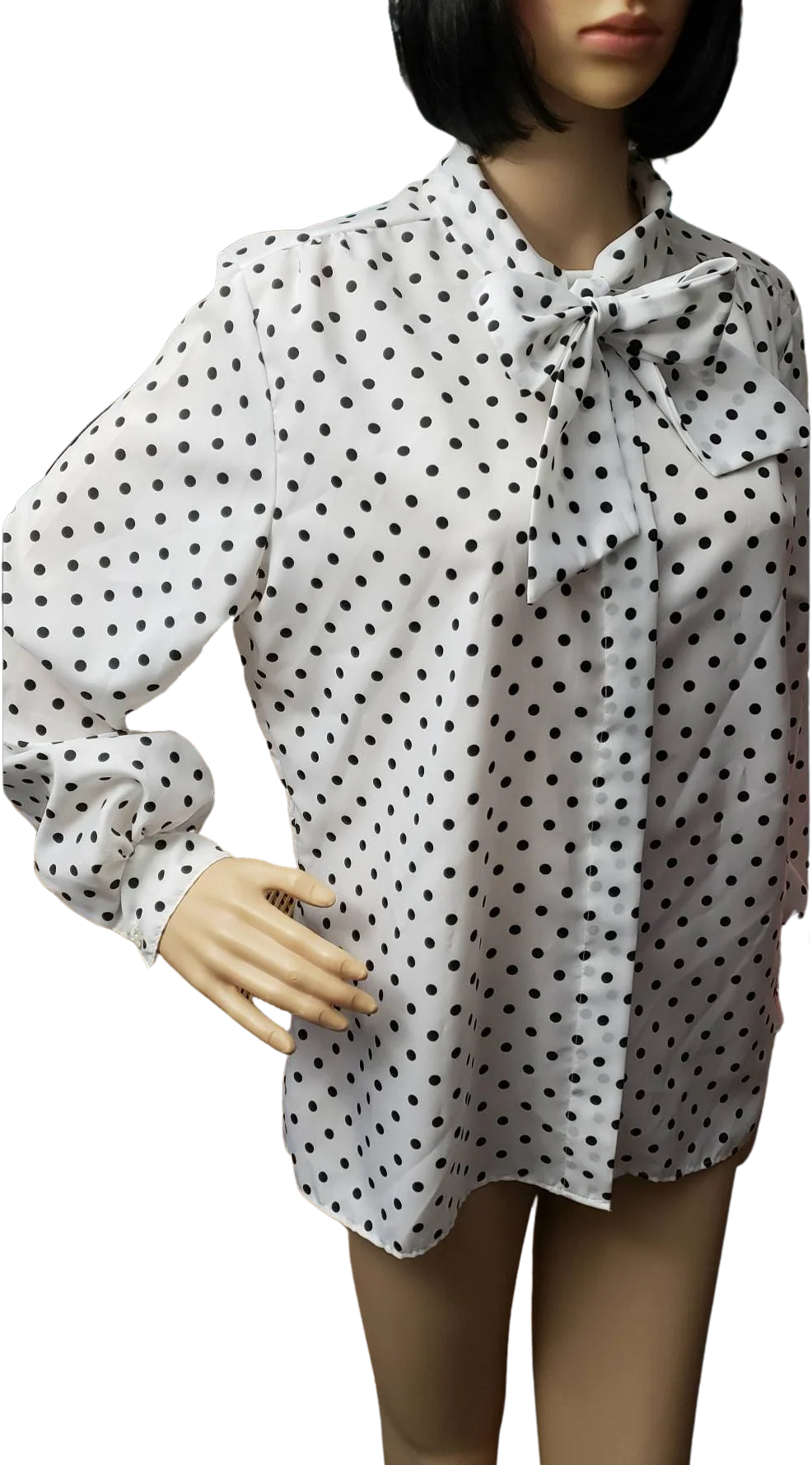 80s White and Black Polka Dot Pussy-Bow Blouse by Laura Mae by Laura Mae