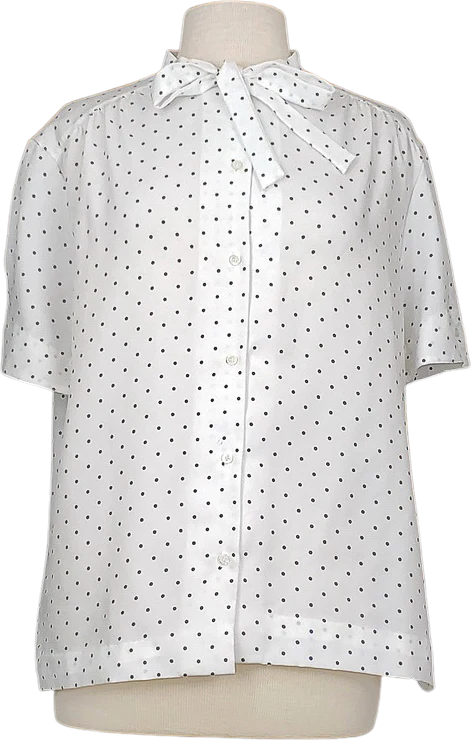 80s White Blue Polka Dots Tie Neck Blouse By Ship 'n Shore