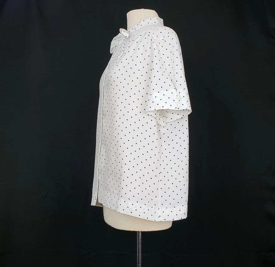 80s White Blue Polka Dots Tie Neck Blouse By Ship 'n Shore - Image 4