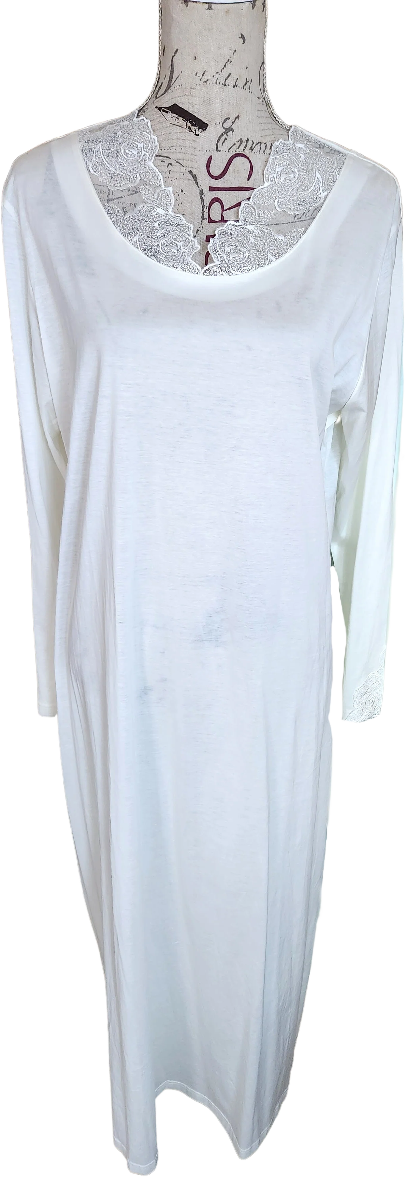 80s White Cotton Jersey Night Gown With Lace Applique By Furstenberg