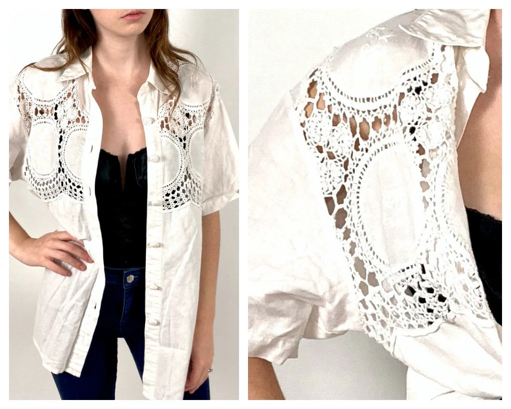 80s White Crochet Top Linen Cutout Blouse Floral Vacation Top Button Up Shirt Vintage Party Top by Bechamel - Image 2