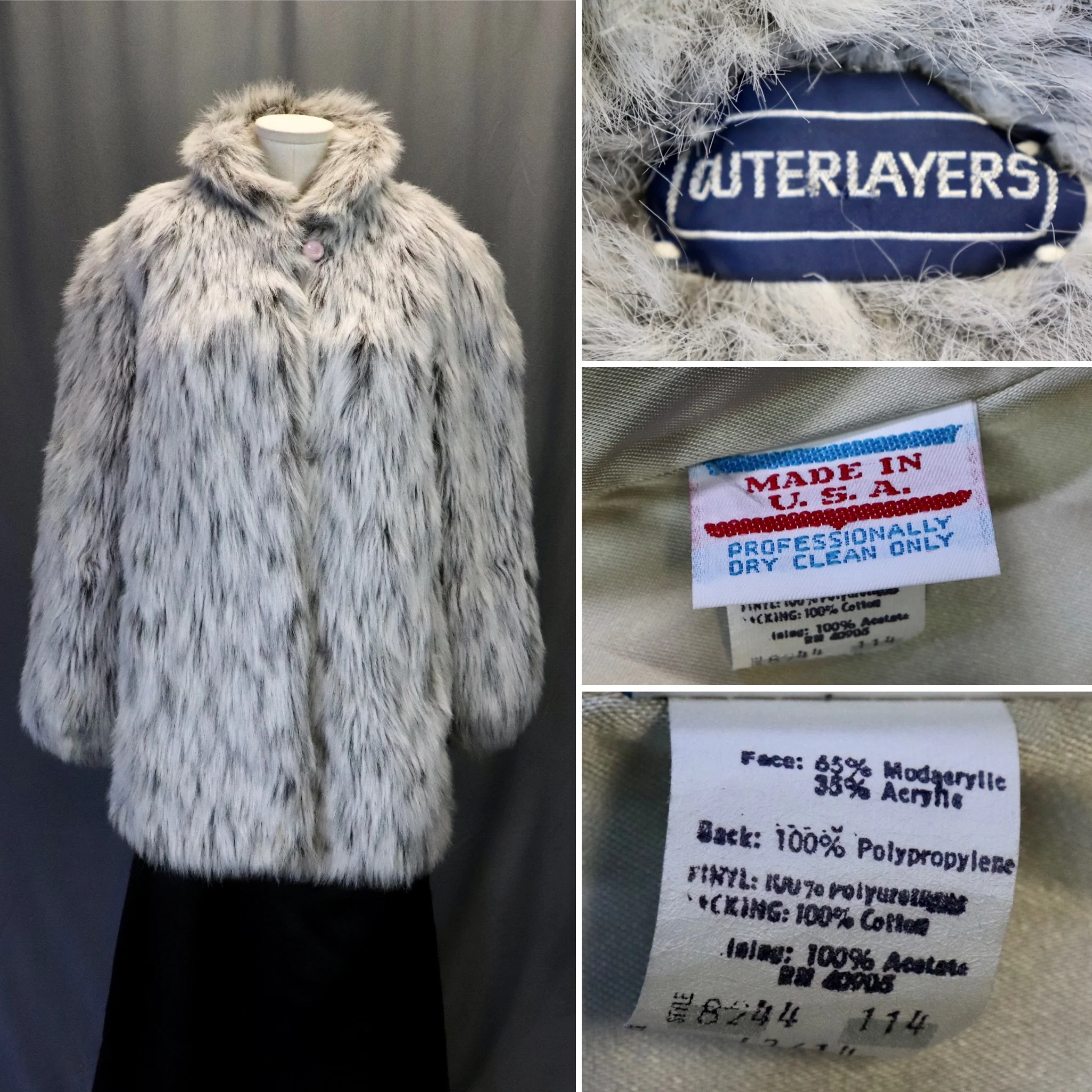 80s White Gray, And Black Faux Lynx Fur Coat By Outer Layers - Image 5