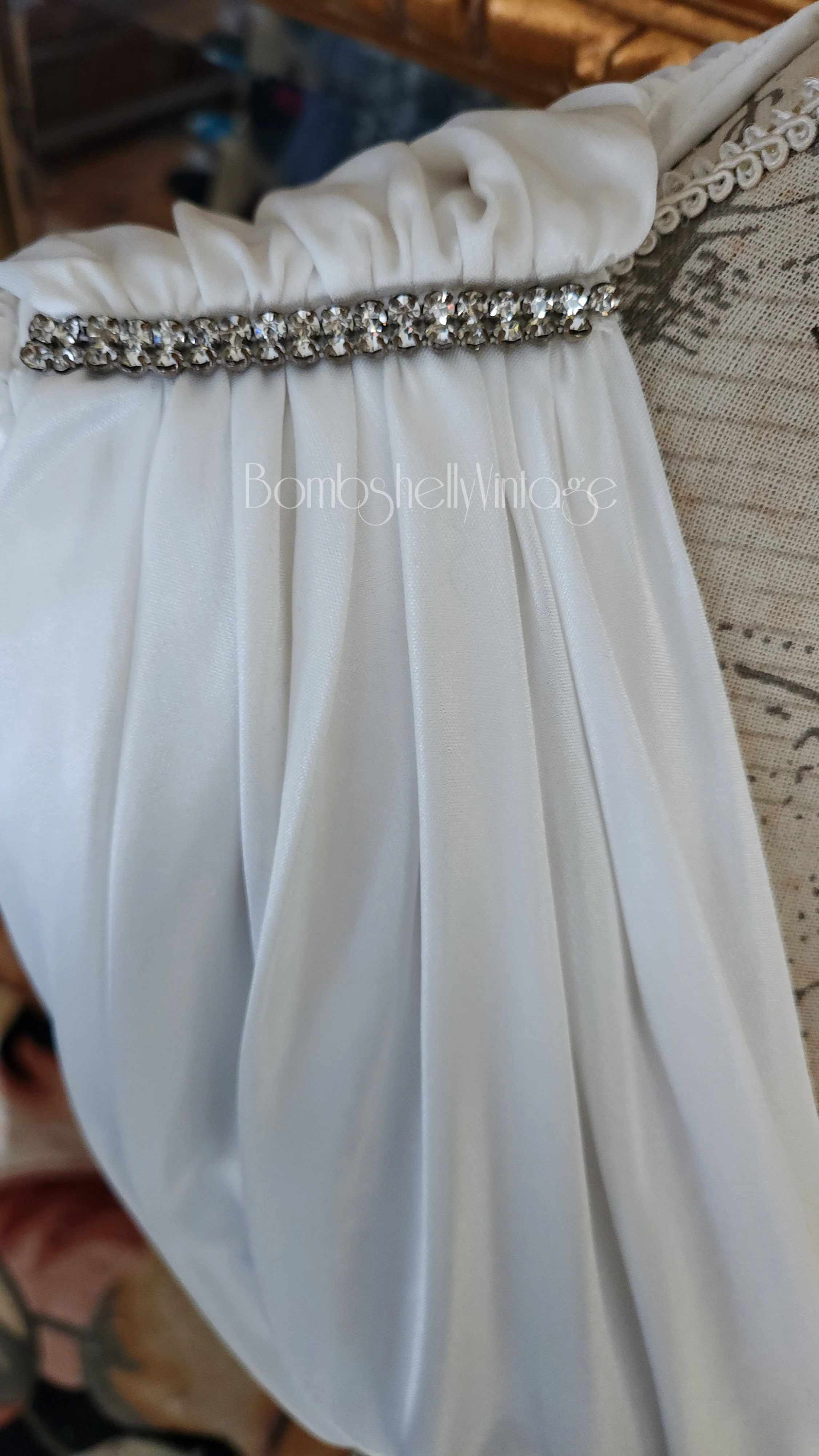 80s White Rhinestone Trim Rooched Dress by Judy Berger - Image 4