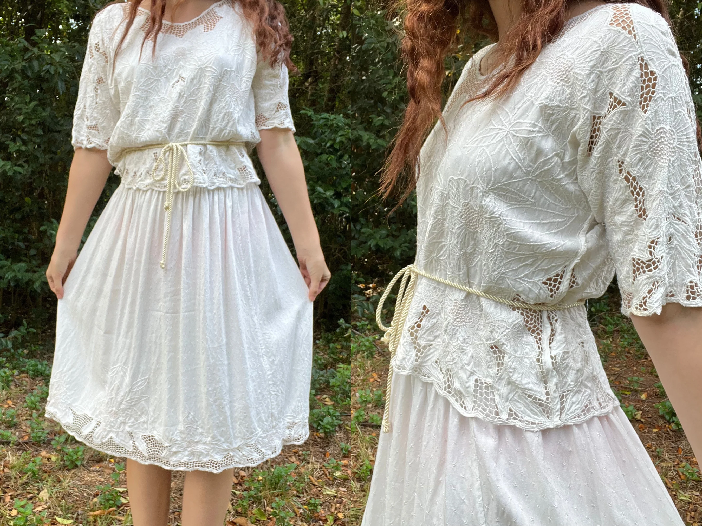 80s White Shirt And Skirt Set With Cutwork Embroidery By Bali Emerald - Image 3