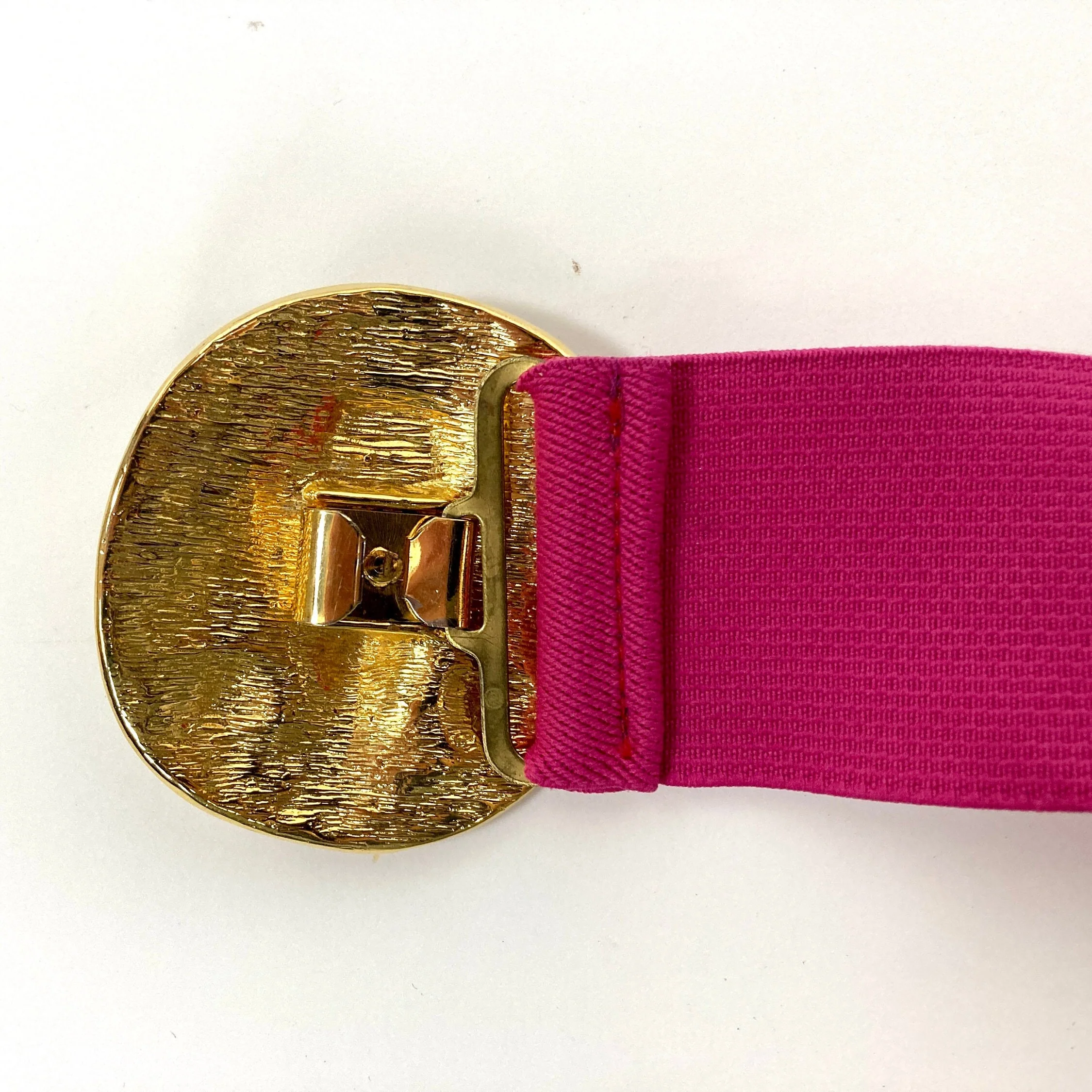 80s Wide Pink Elastic Belt Gold Big Face Buckle Belt Artsy Statement Belt - Image 6
