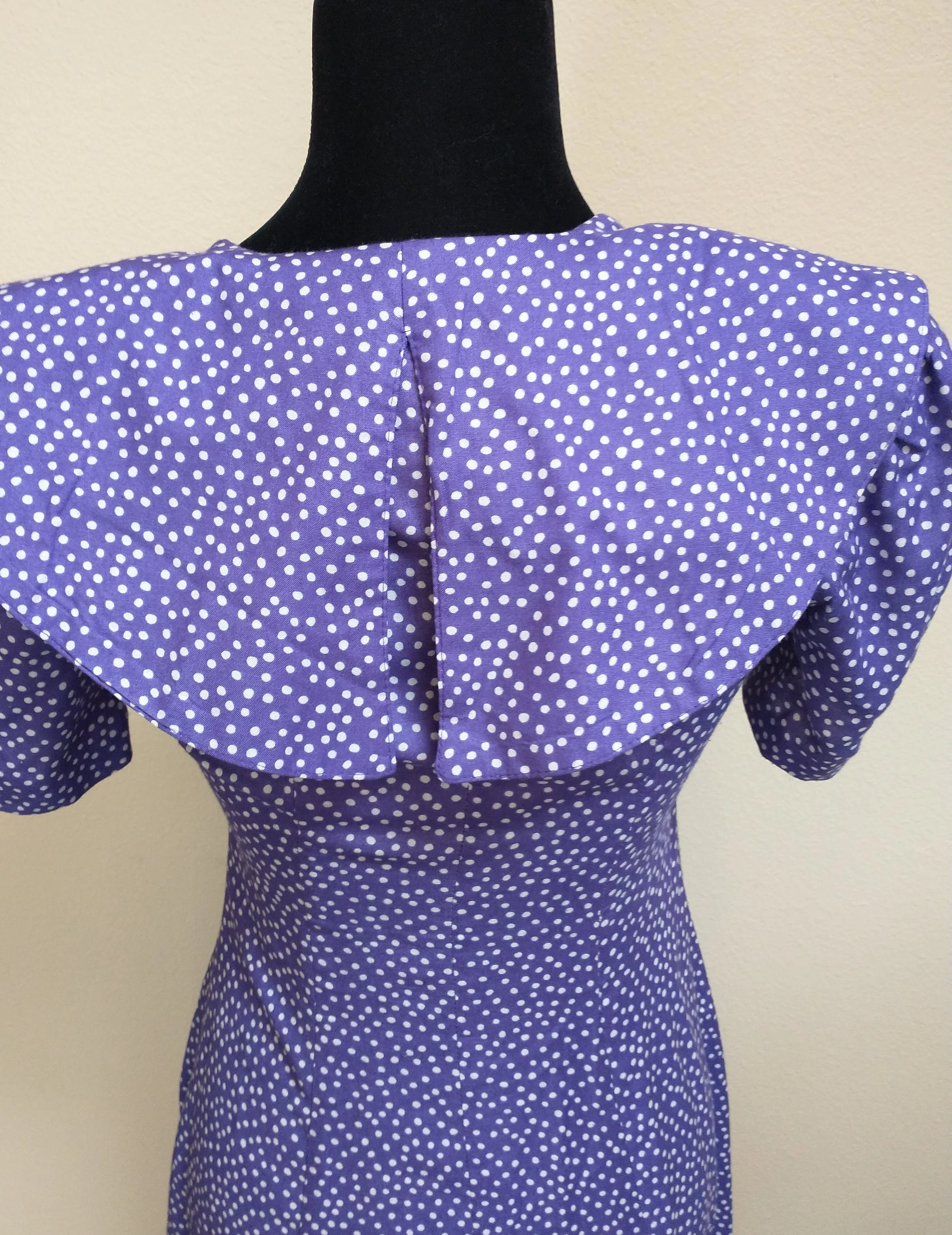 80s Womens Small Purple Polka Dot 50s Style Dress Cape Collar by Ellen Ashley - Image 7