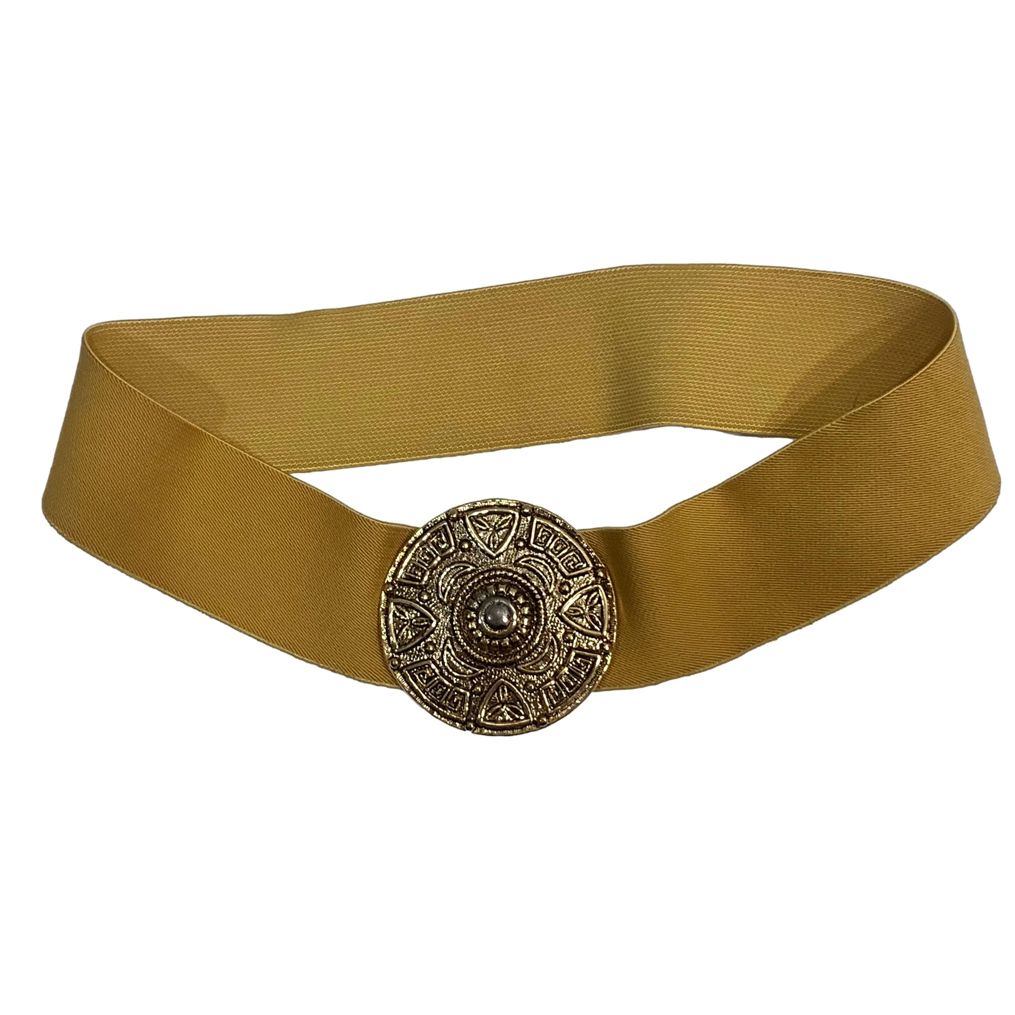 80s Yellow Stretch Belt With Large Gold Shield Buckle By Accessories by Pearl - Image 3