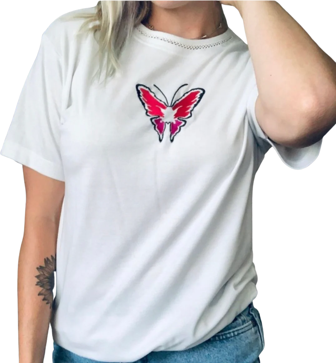 90s/00s 00s Butterfly Embroidered White Short Sleeve Tee By Crystal Kobe - Image 2