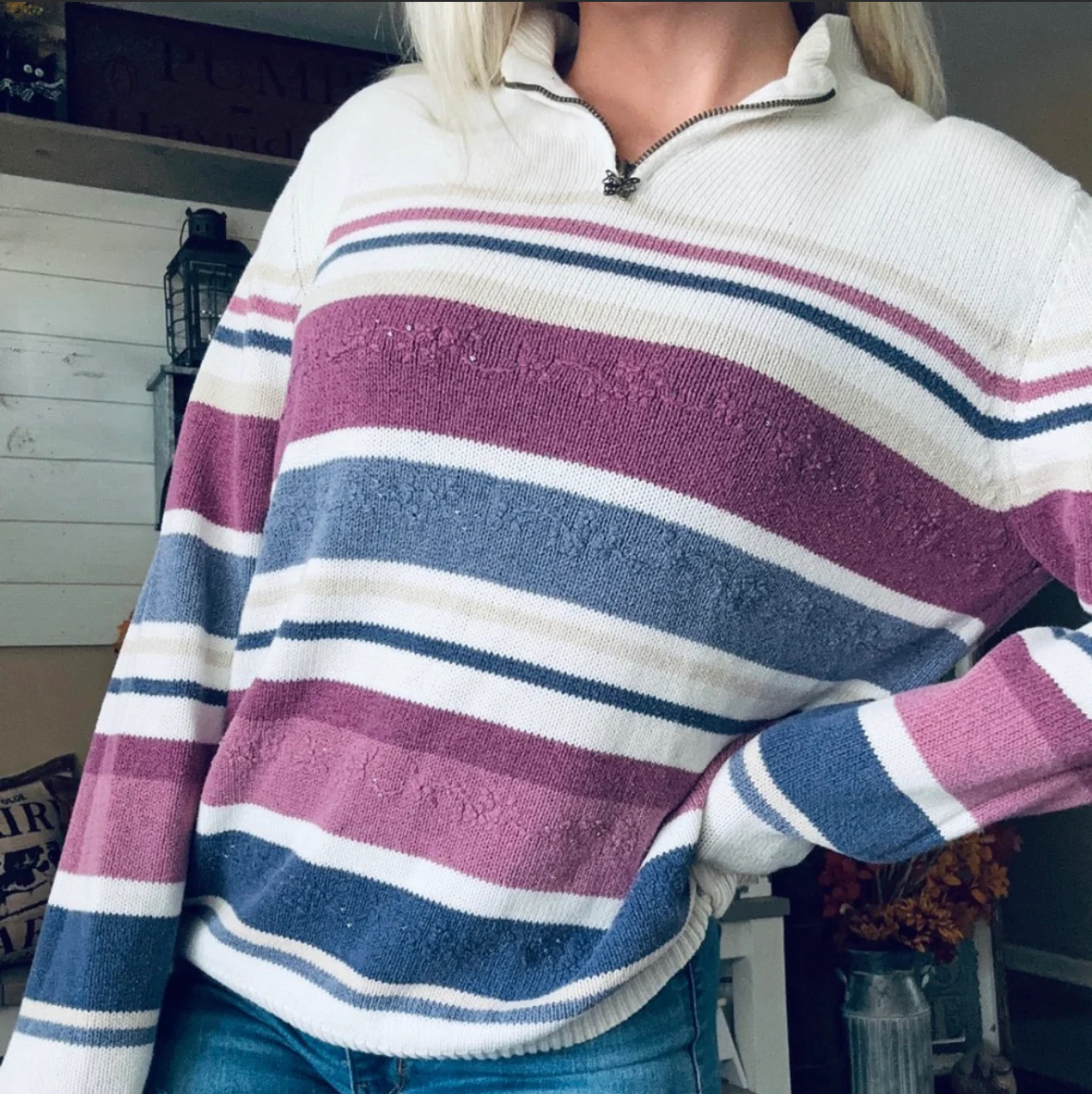 90s/00s 00s Striped Butterfly Quarter Zip Sweater By Alfred Dunner - Image 3