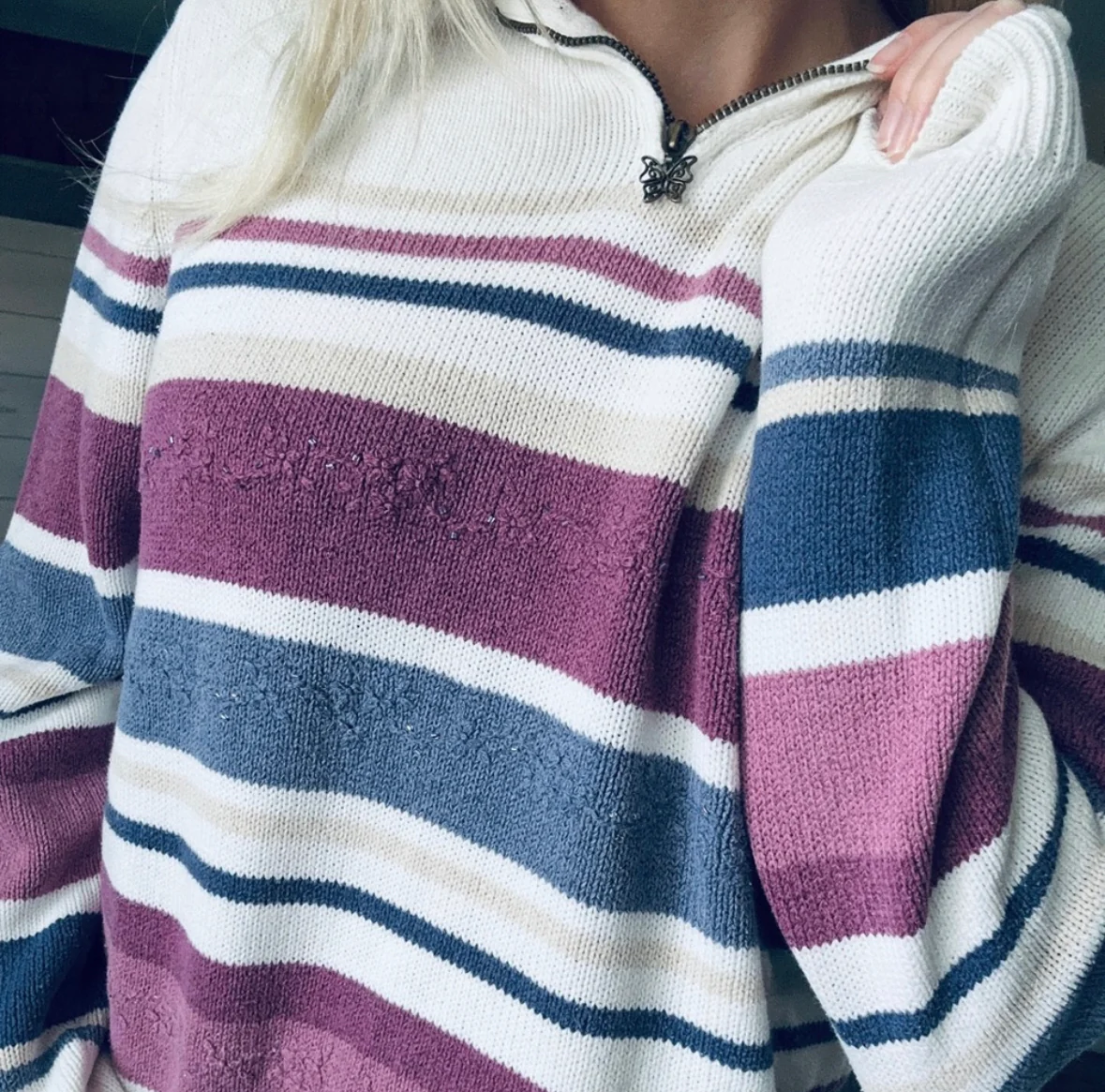 90s/00s 00s Striped Butterfly Quarter Zip Sweater By Alfred Dunner - Image 4