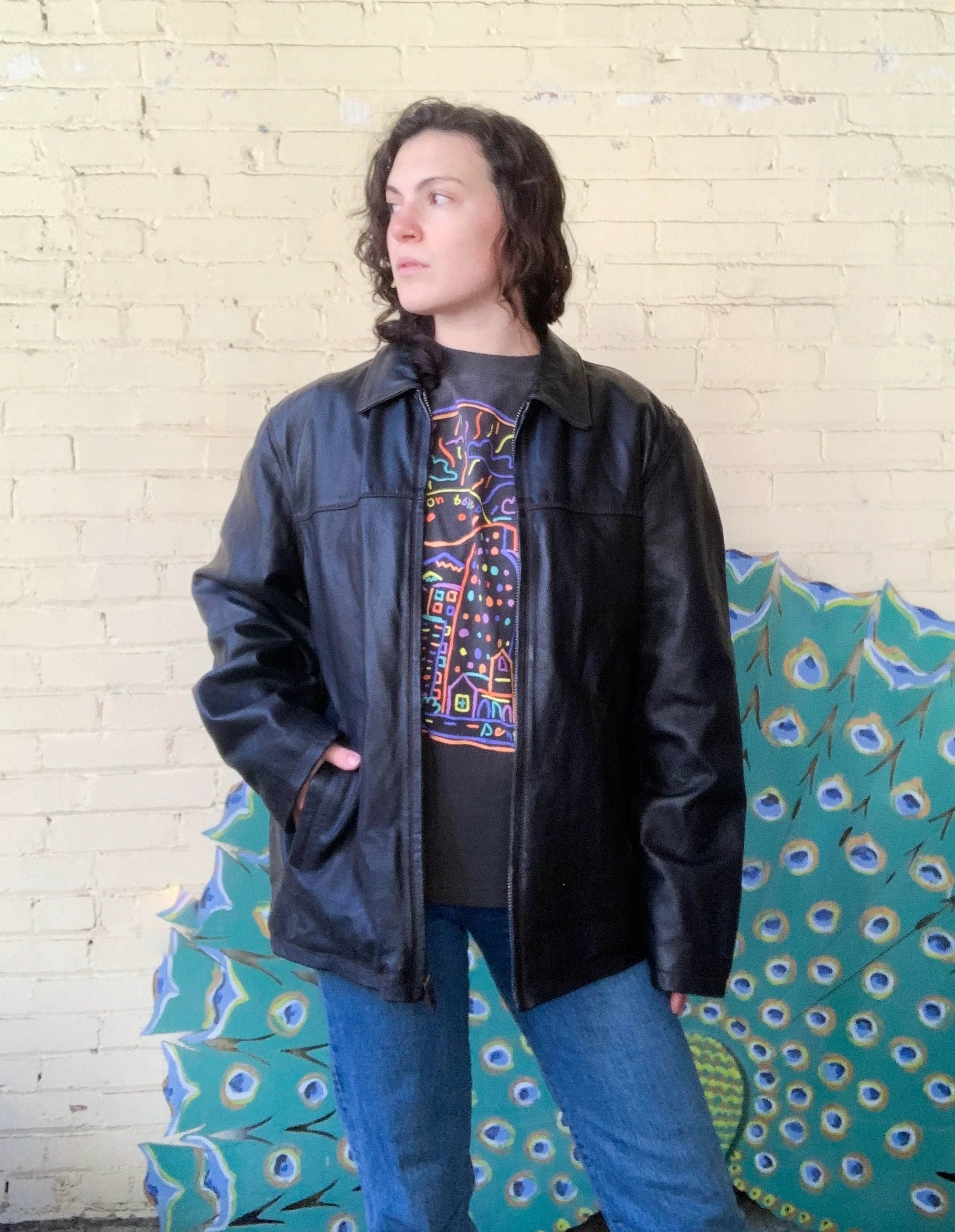 90s/00s 100% Leather Black Bomber Jacket Large Extra Large - Image 10