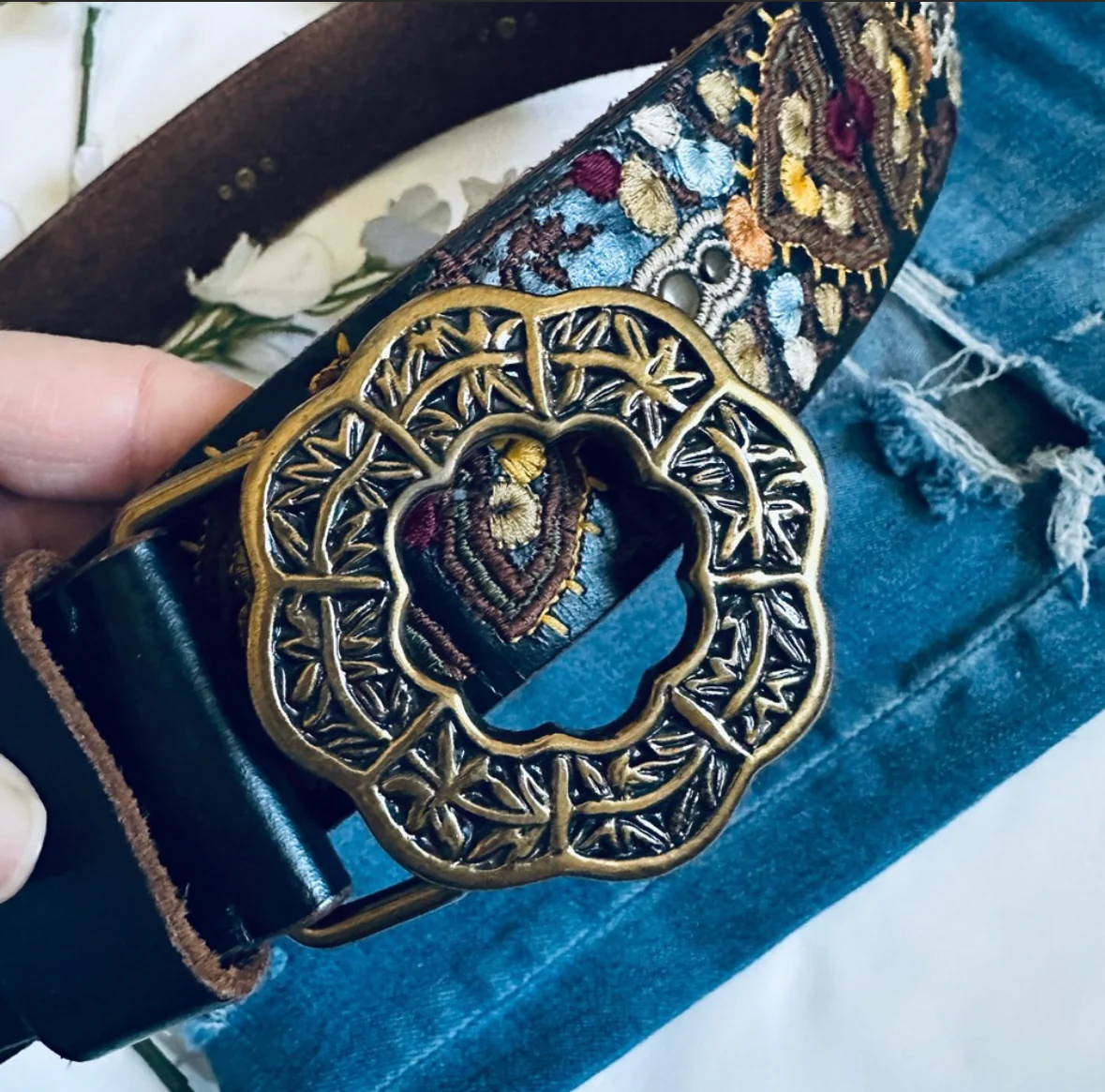 90s/00s 90s Lucky Brand Boho Embroidered Leather Belt By Lucky Brand - Image 5