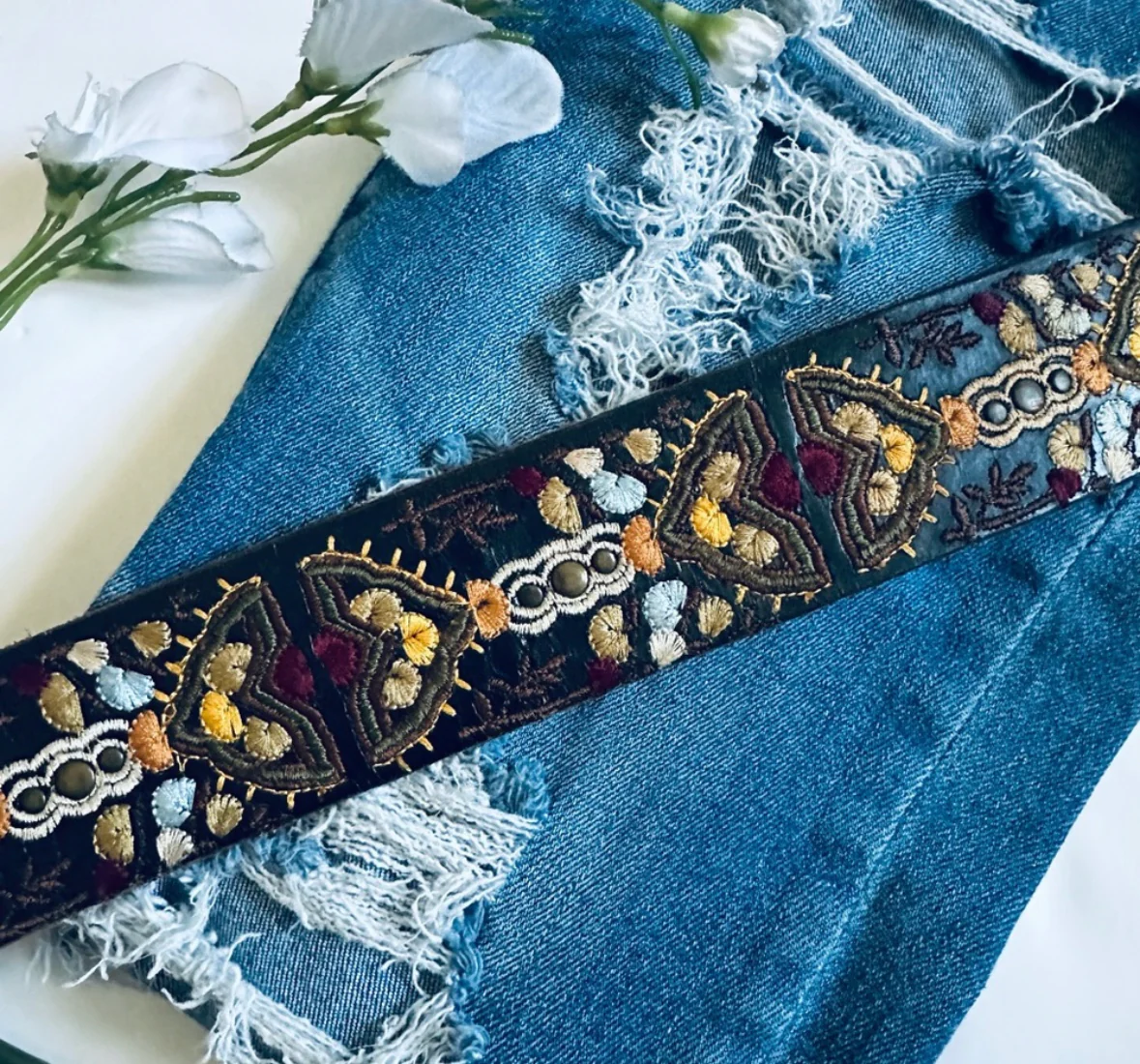 90s/00s 90s Lucky Brand Boho Embroidered Leather Belt By Lucky Brand - Image 8