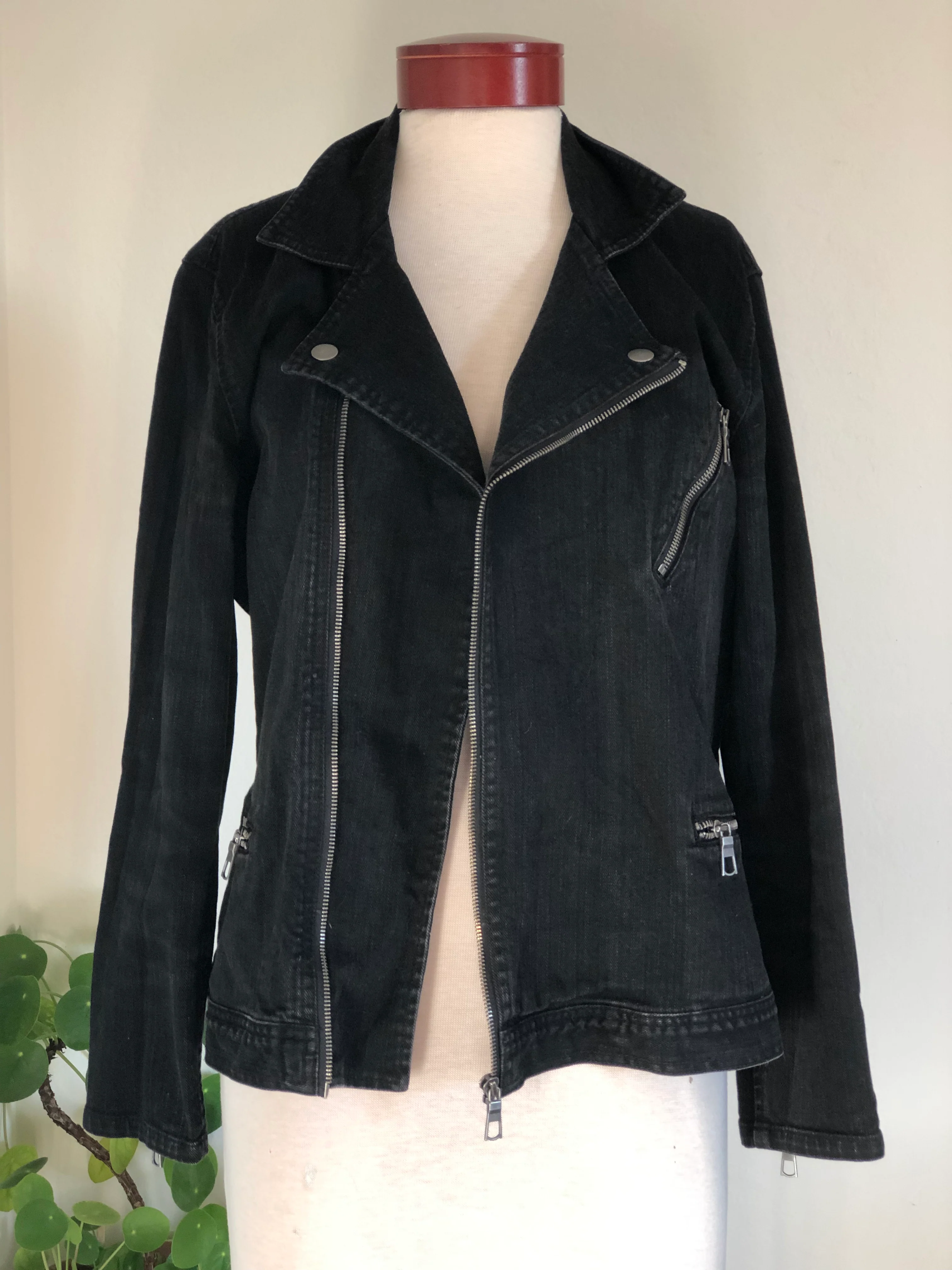 90s/00s 90s Vintage Black Denim Motorcycle Jacket Biker By Chico's - Image 3