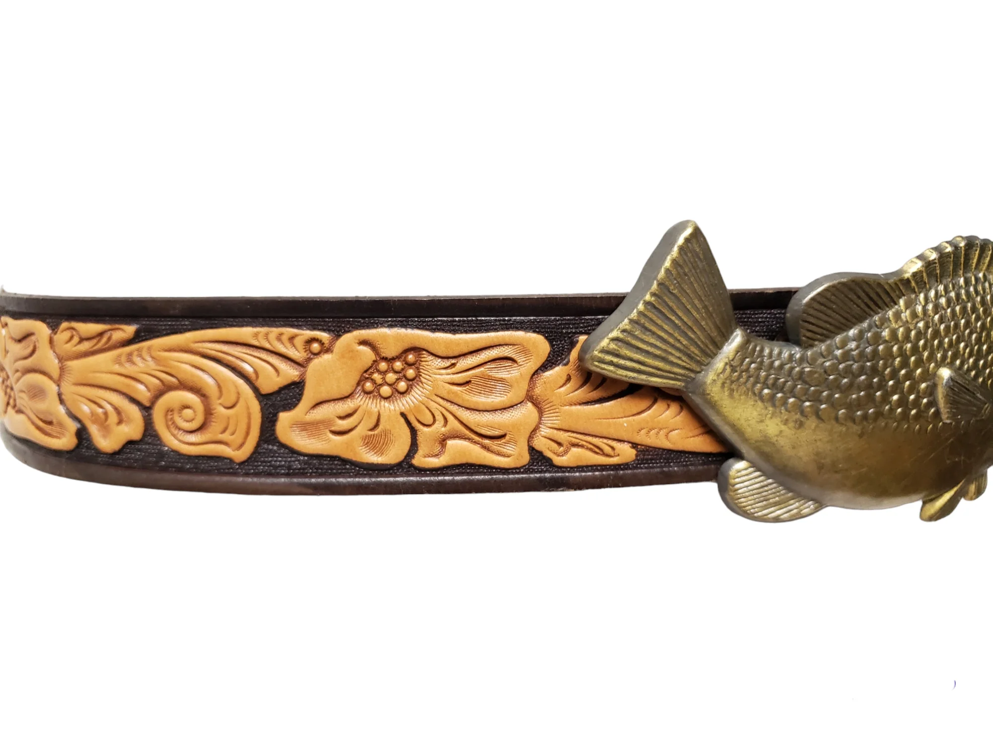 90s/00s Bass Statement Buckle On Tooled Leather Belt By Sears - Image 4