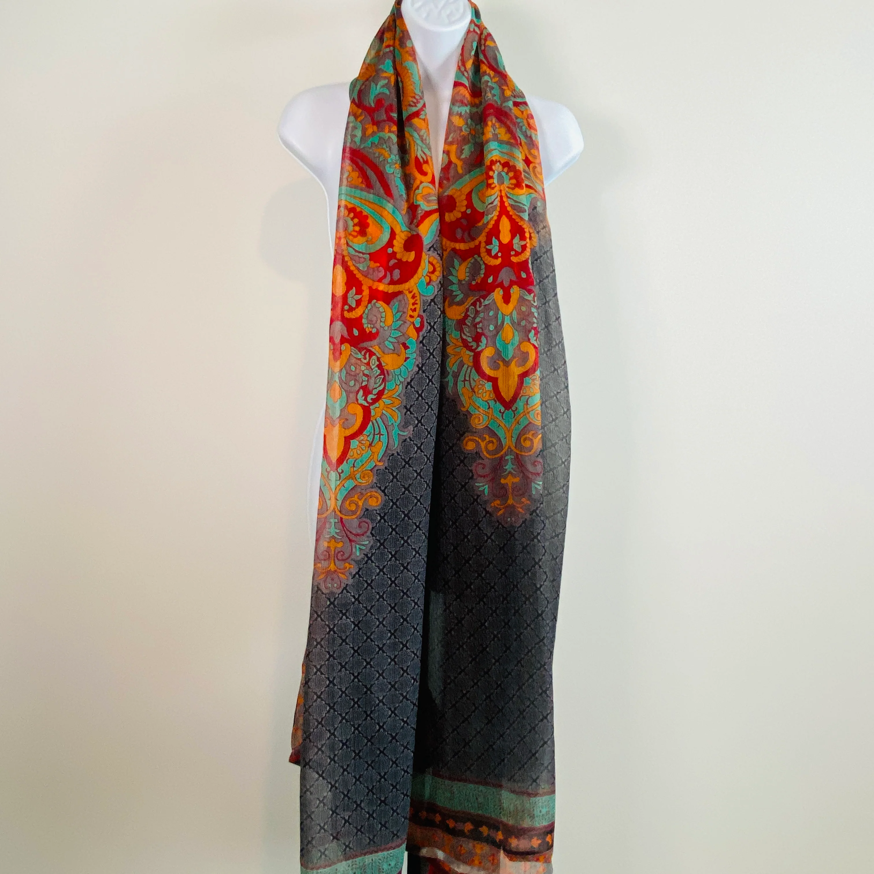 90s/00s Beautiful Large Paisley Print Silk Chiffon Dupattā - Image 11