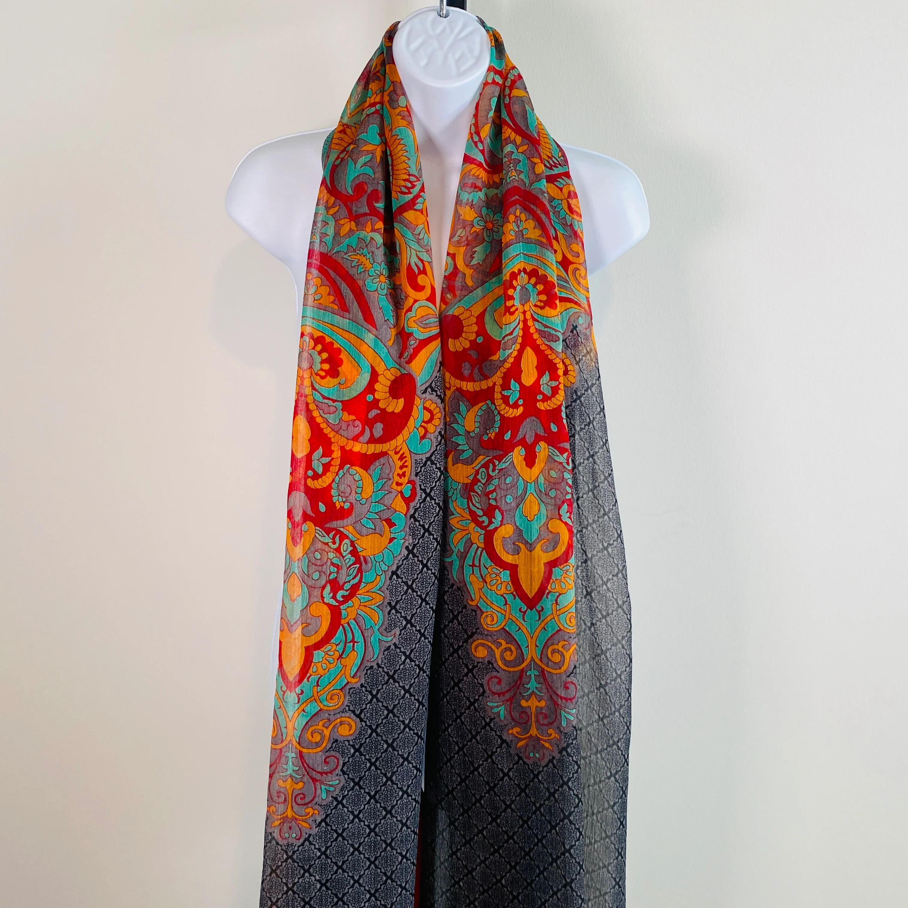 90s/00s Beautiful Large Paisley Print Silk Chiffon Dupattā - Image 12