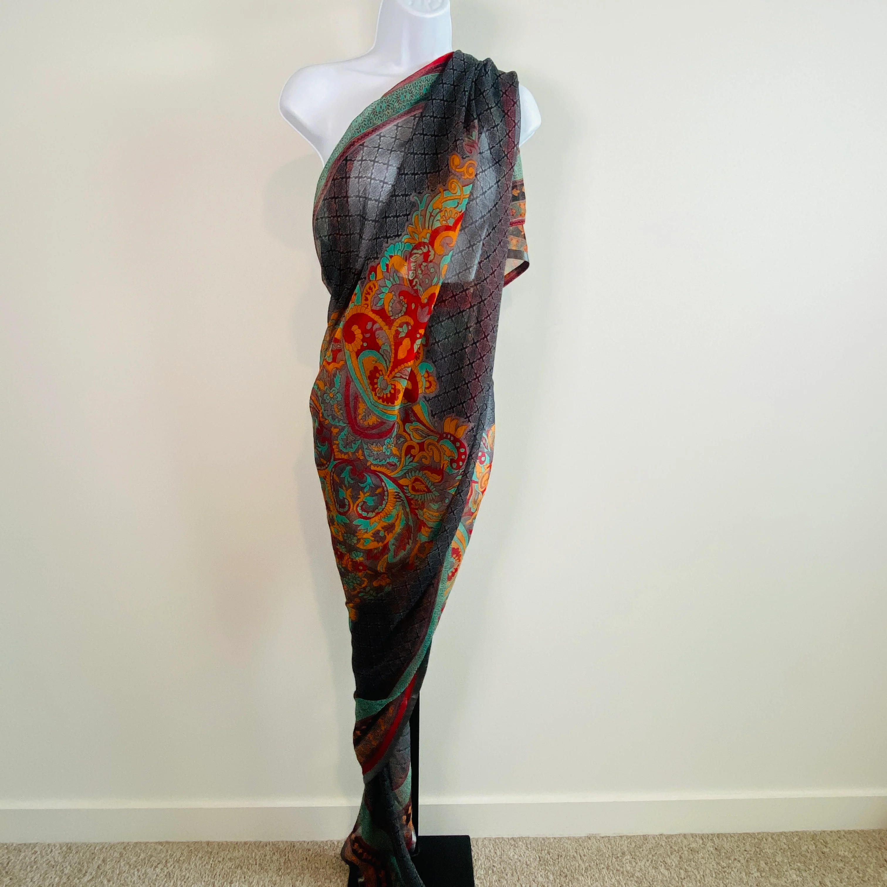 90s/00s Beautiful Large Paisley Print Silk Chiffon Dupattā - Image 14