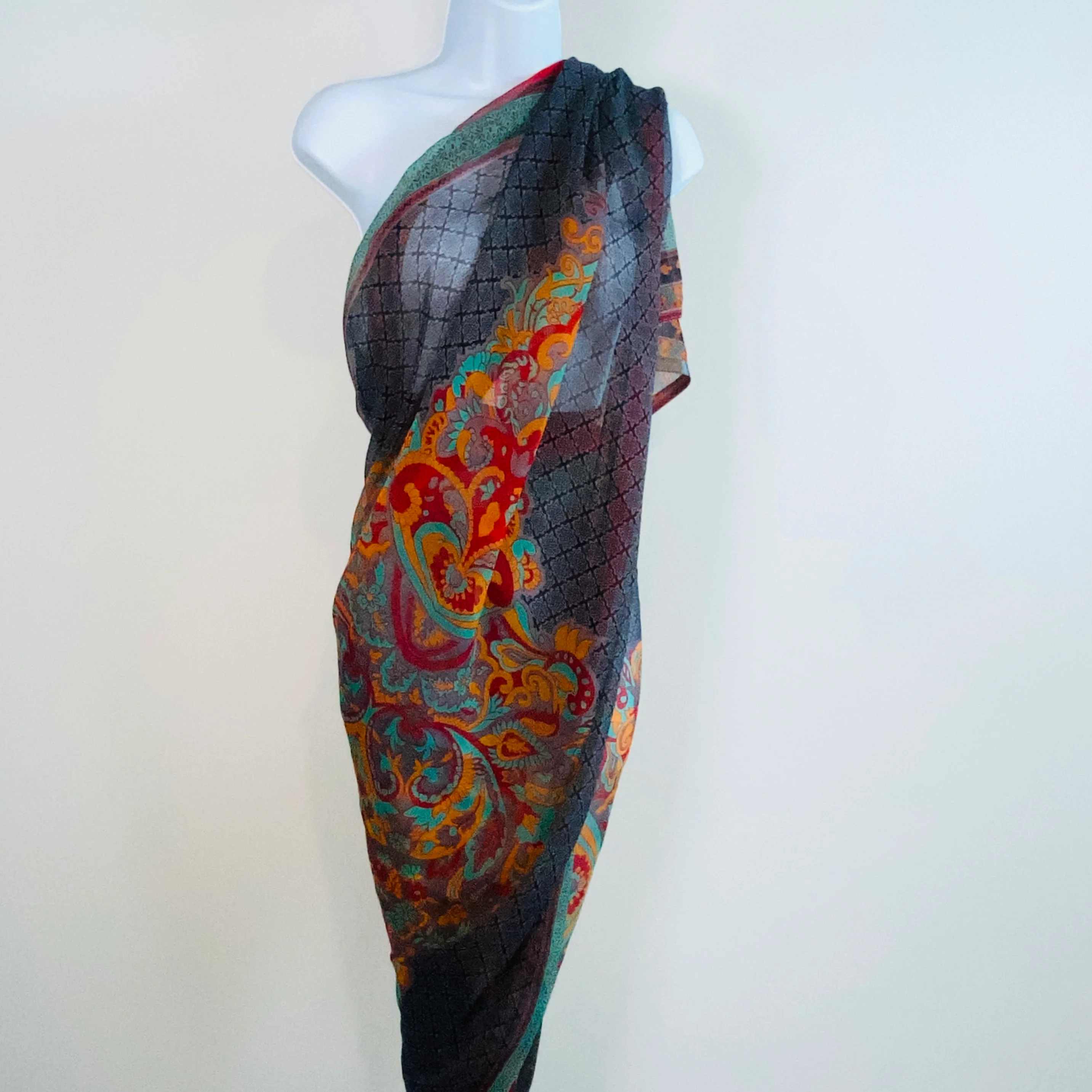 90s/00s Beautiful Large Paisley Print Silk Chiffon Dupattā - Image 15