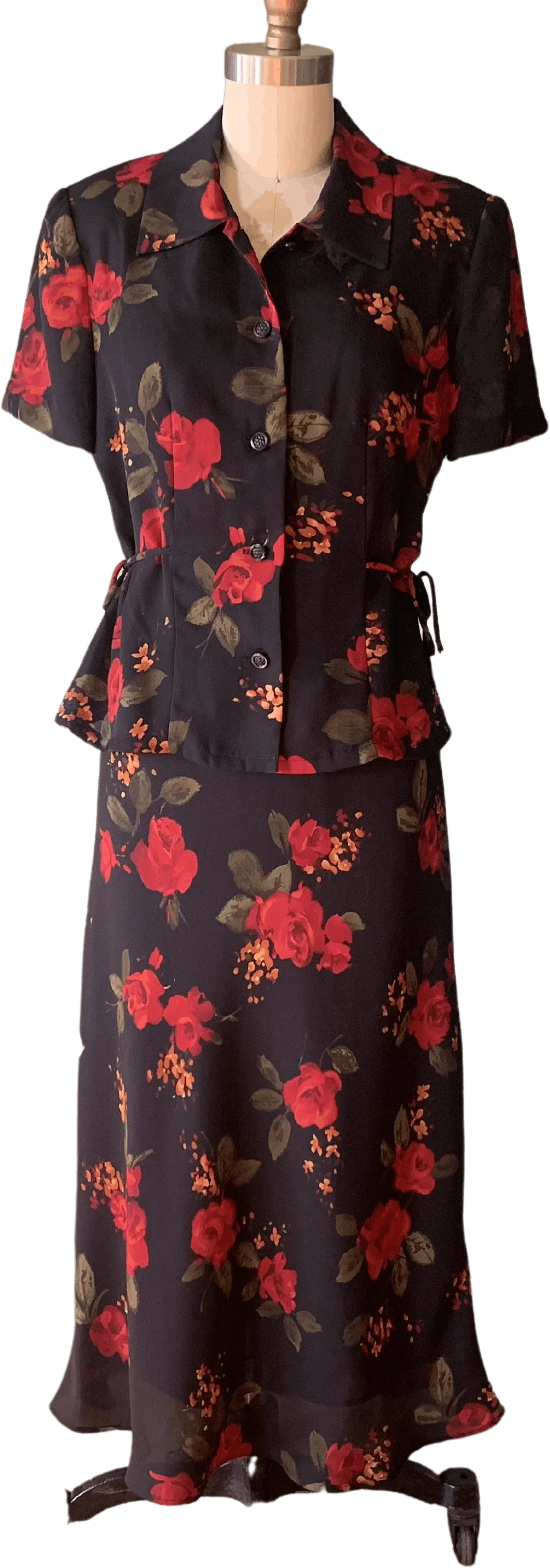 90s/00s Black And Red Floral Print Midi Dress And Jacket By R & K Originals