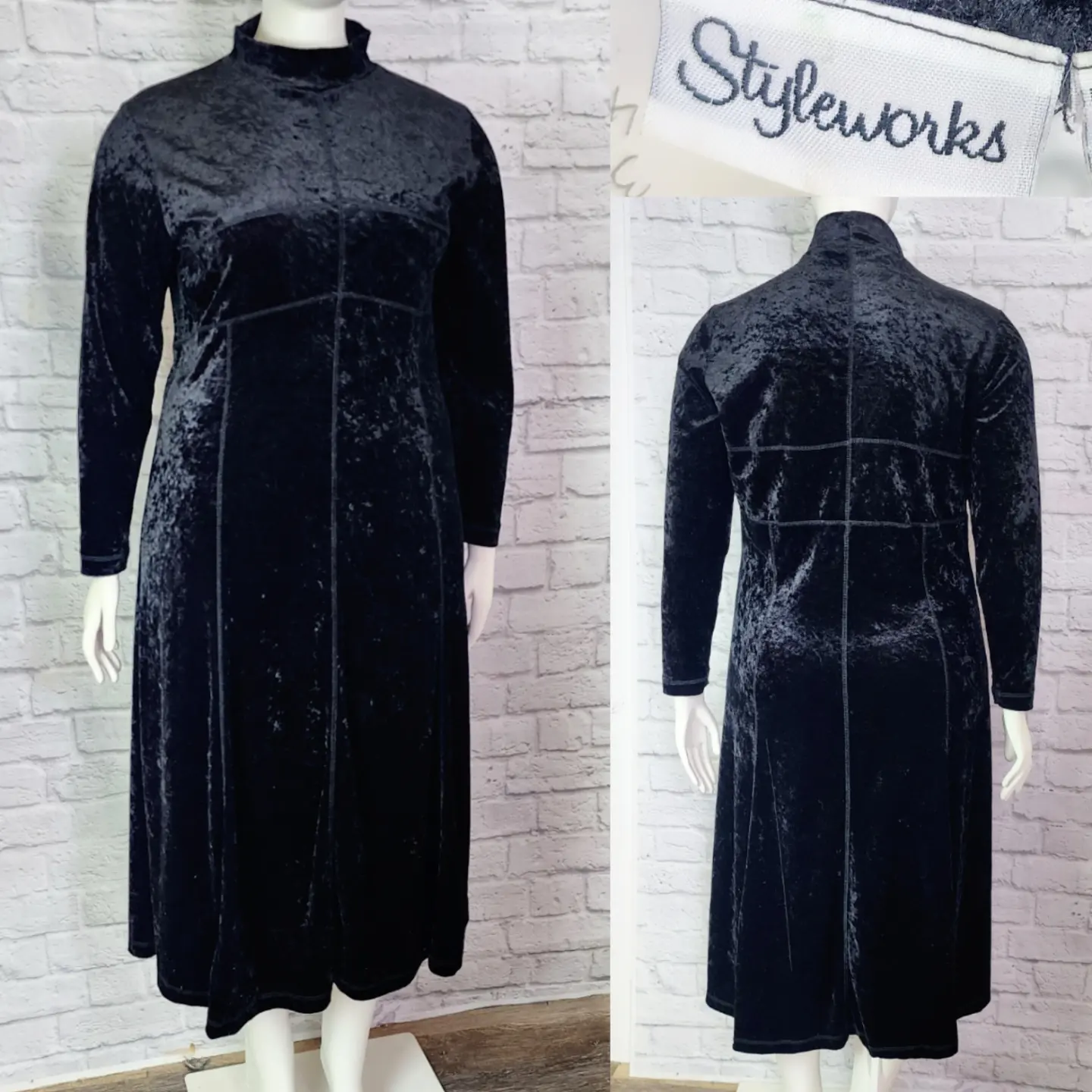90s/00s Black Crushed Stretch Velvet Midi Dress By Styleworks - Image 3
