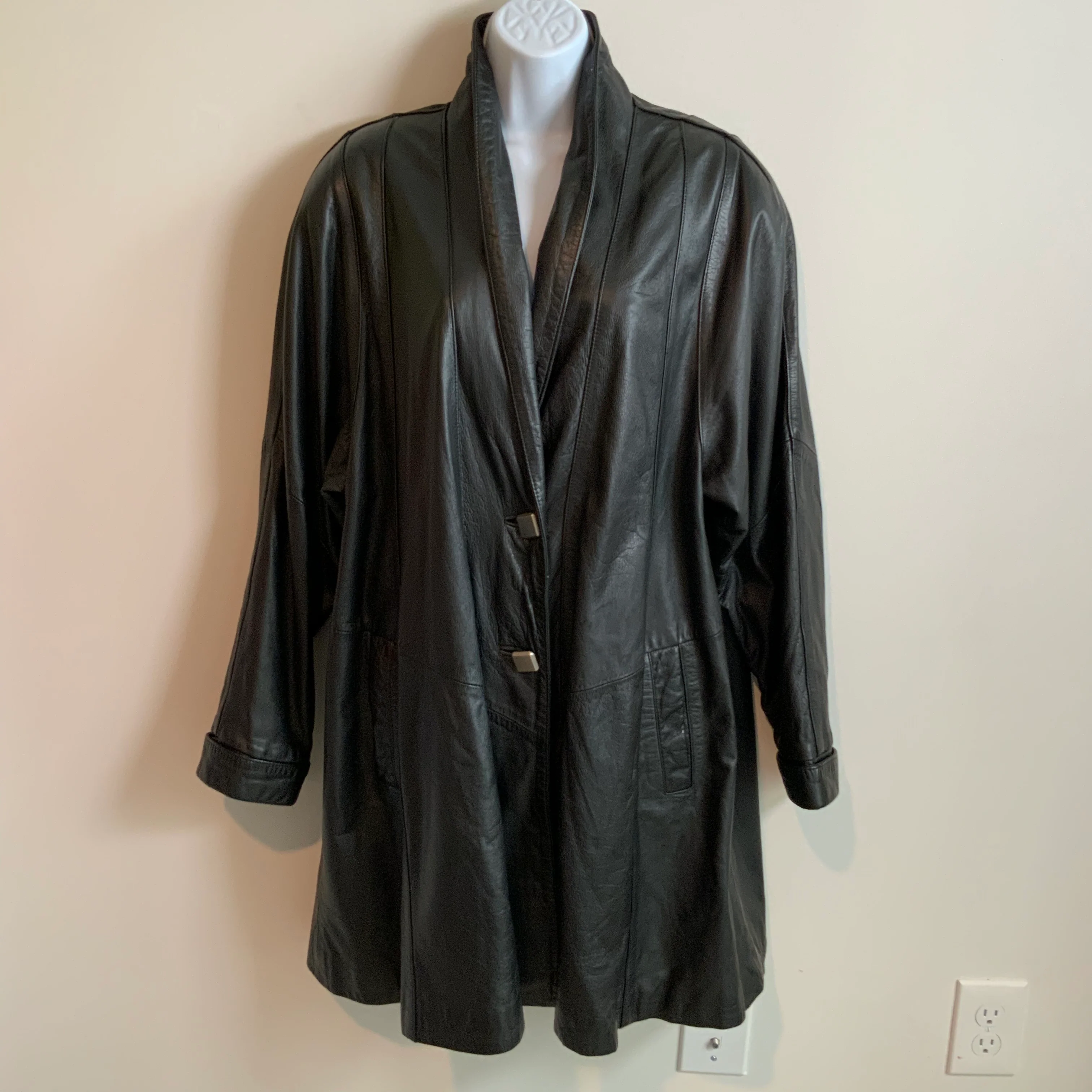 90s/00s Black Genuine Leather Shawl Collarbelted Swing Coa By Giii - Image 5