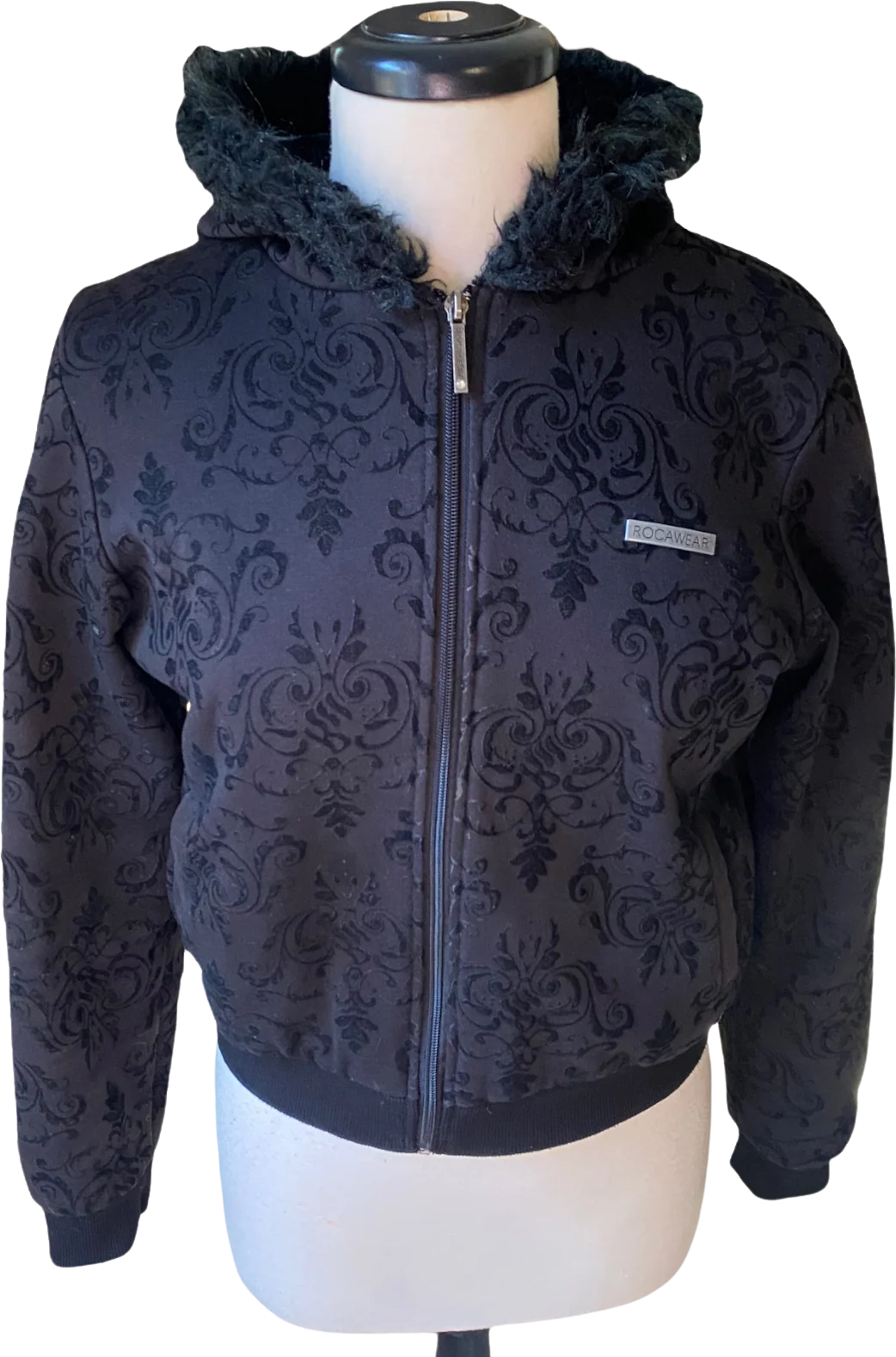 90s/00s Black Hooded Jacket Zip Embossed Velvet Logo Sz M By Rocawear