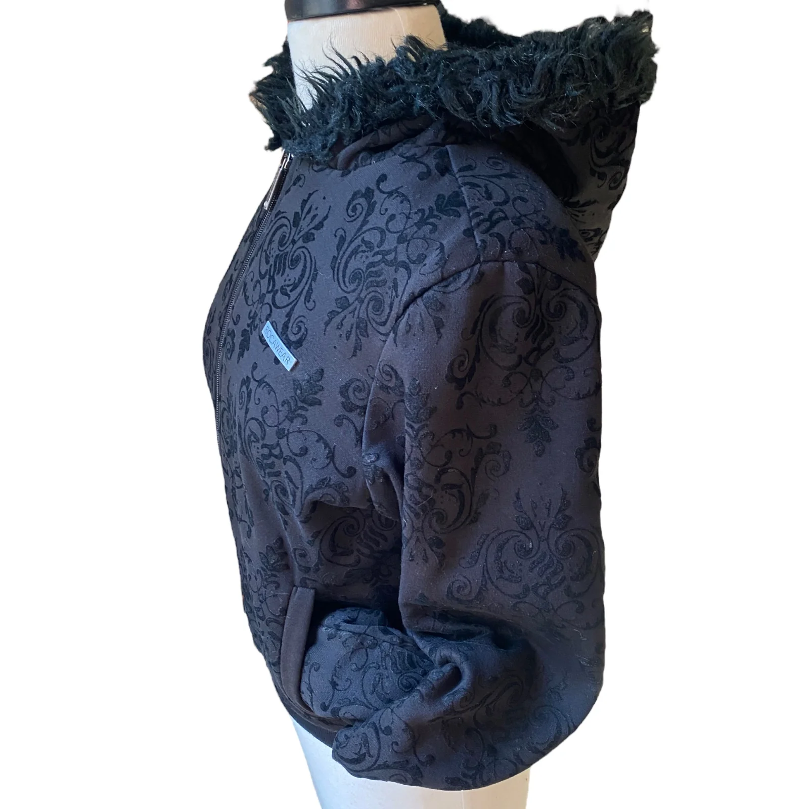 90s/00s Black Hooded Jacket Zip Embossed Velvet Logo Sz M By Rocawear - Image 12