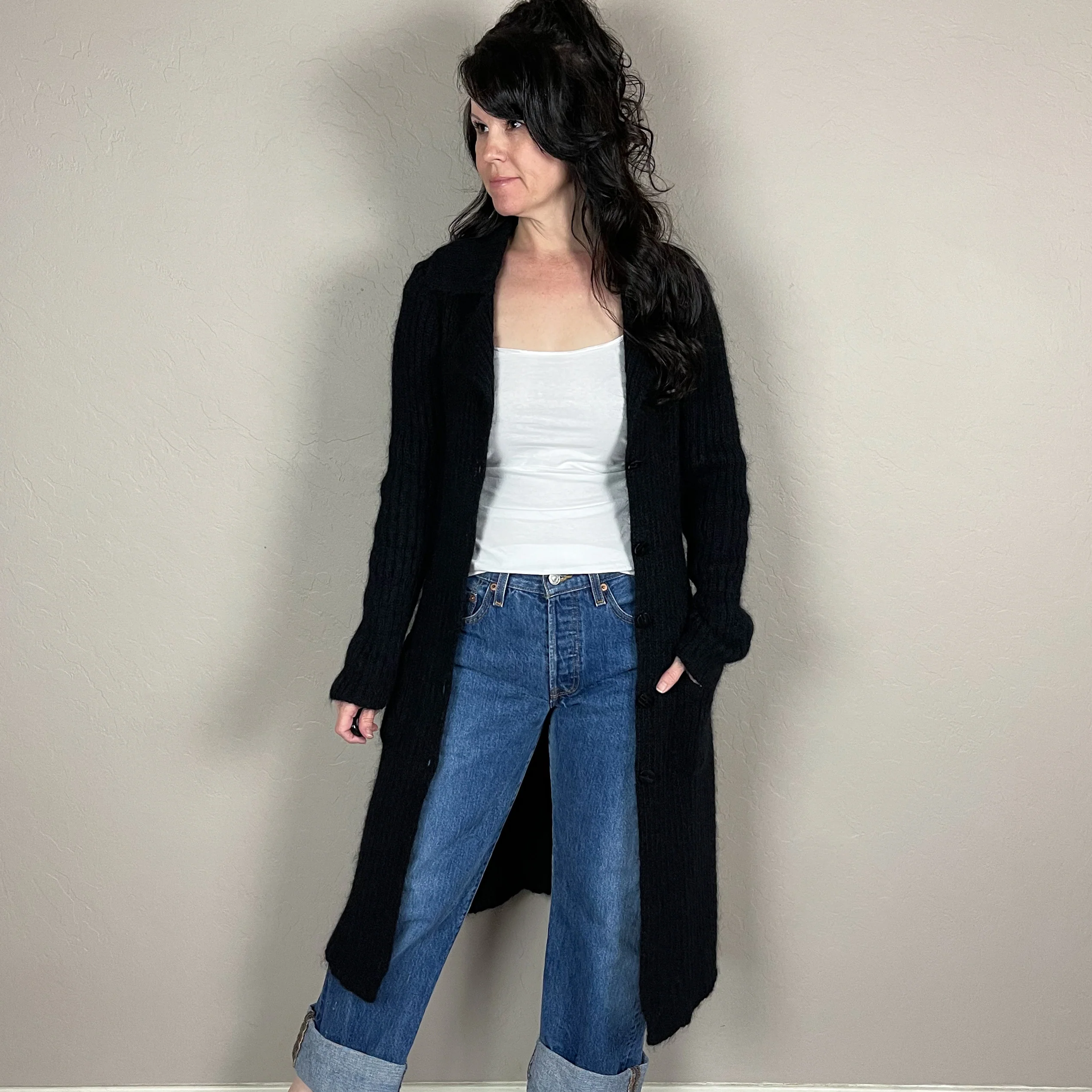 90s/00s Black Mohair Button Front Duster Cardigan By Moda International - Image 5
