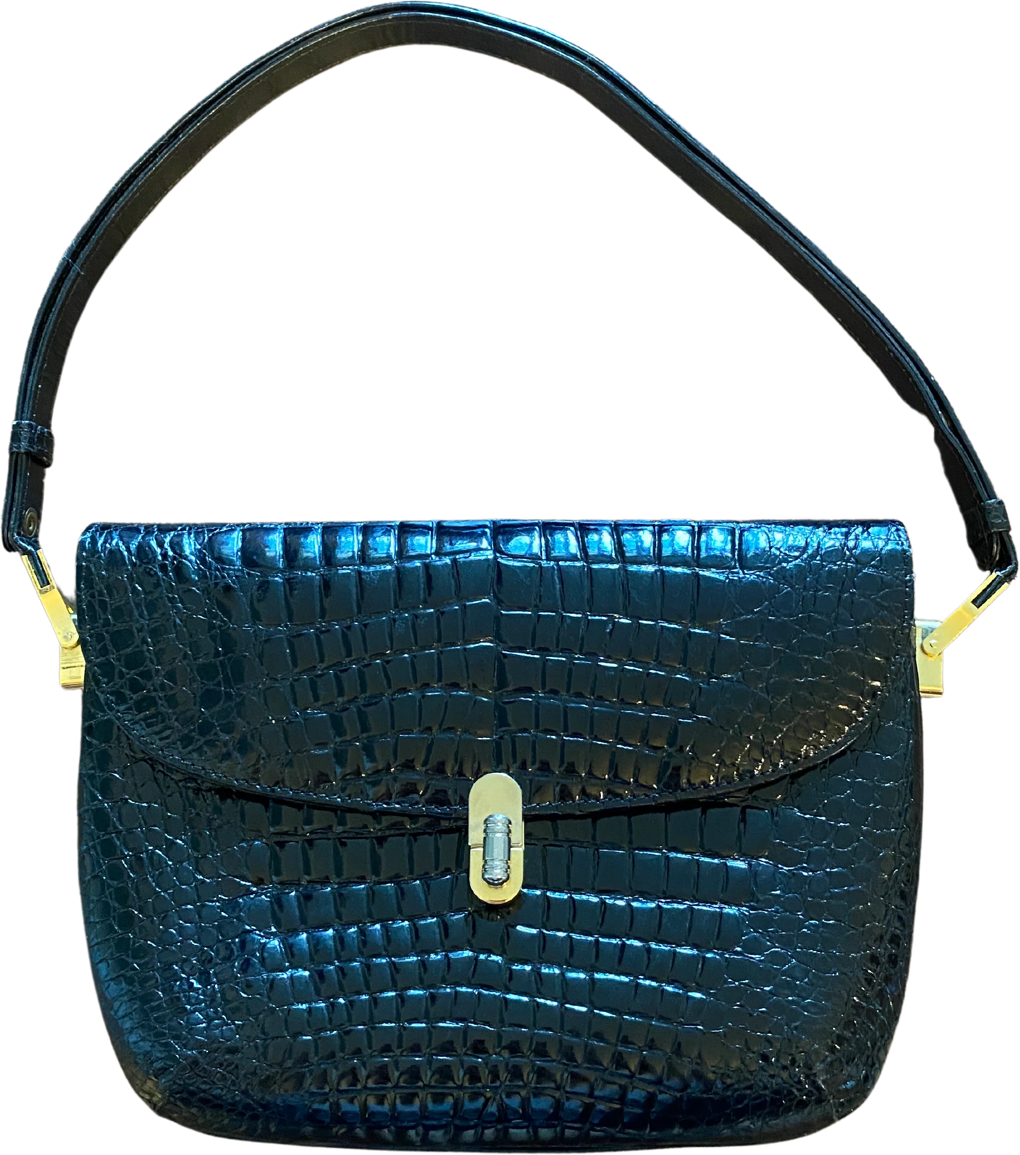 90s/00s Black Patent Leather Croc Embossed Expandable By Genghiz K - Image 4