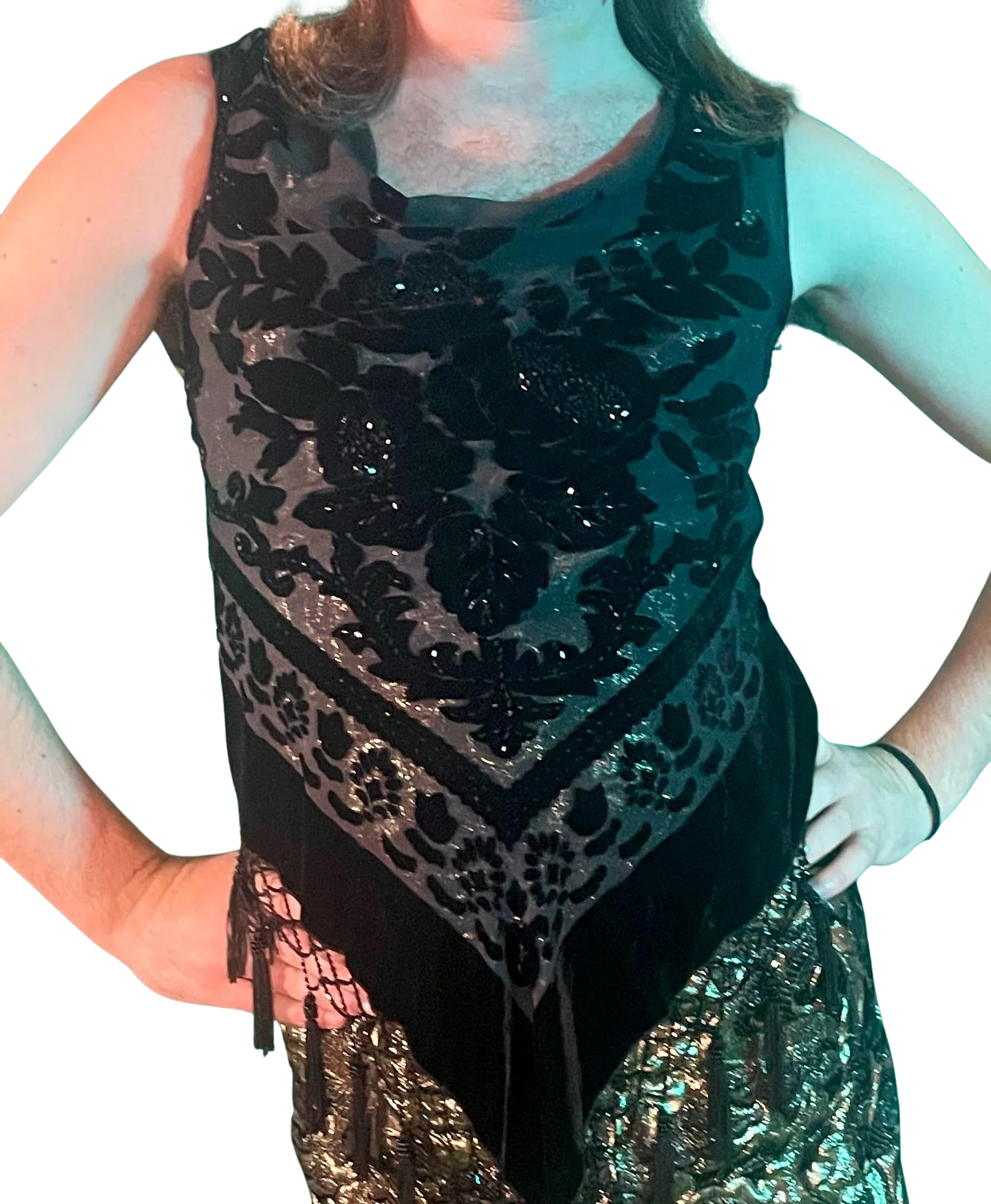 90s/00s Black Rose Burn Out Velvet Beaded Fringe Bib Tank
