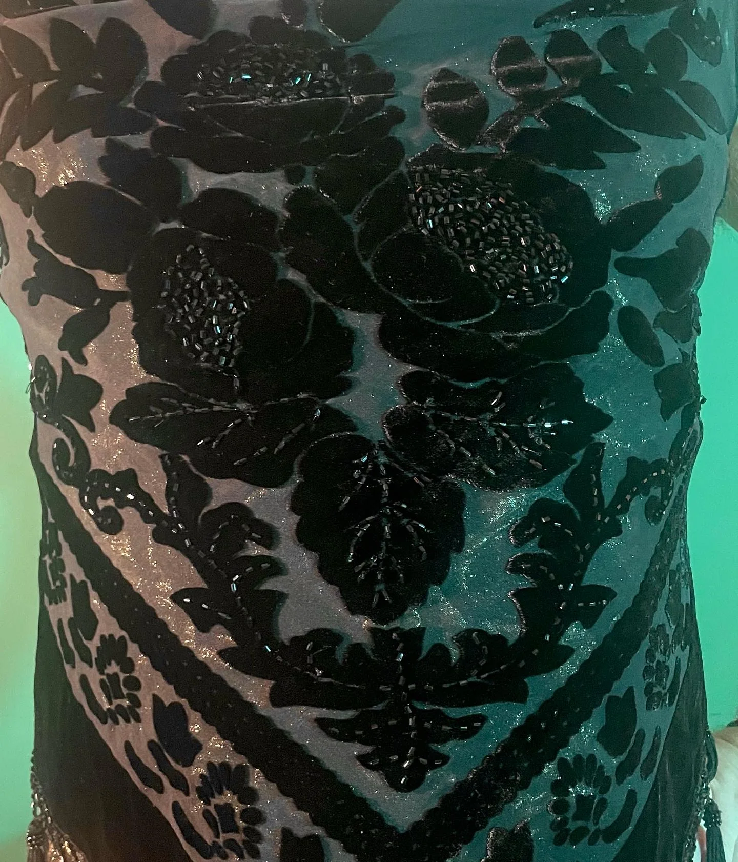 90s/00s Black Rose Burn Out Velvet Beaded Fringe Bib Tank - Image 4