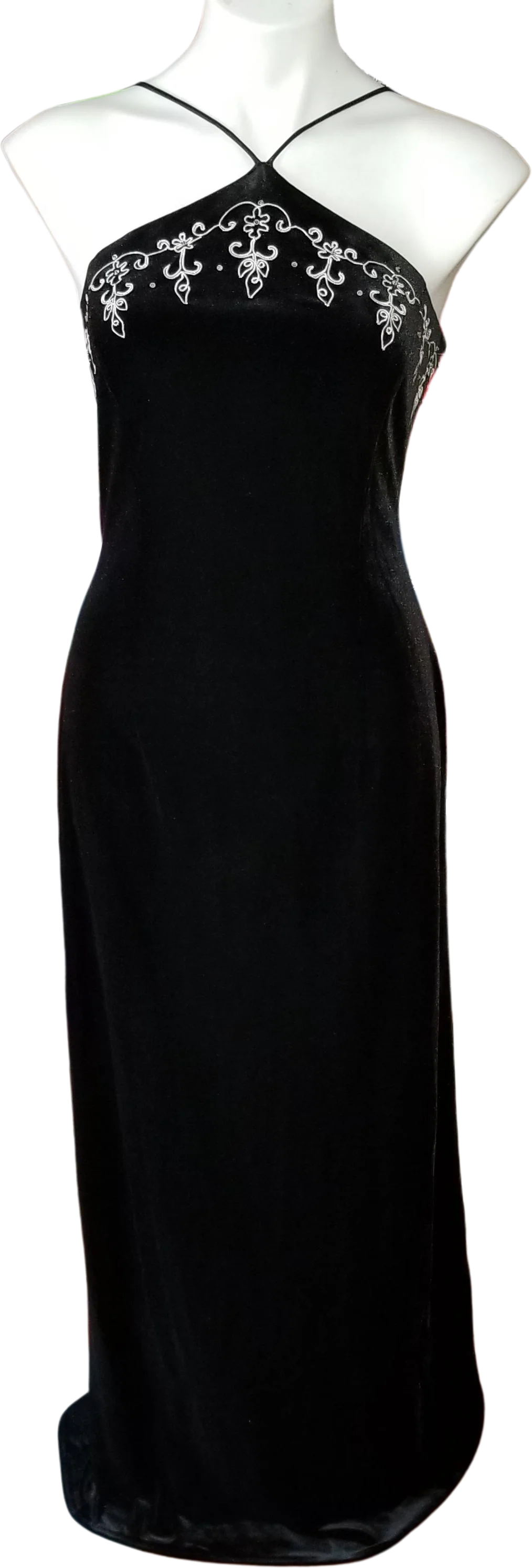 90s/00s Black Velour Gown W Silver Detail And Train By Blondie Nites