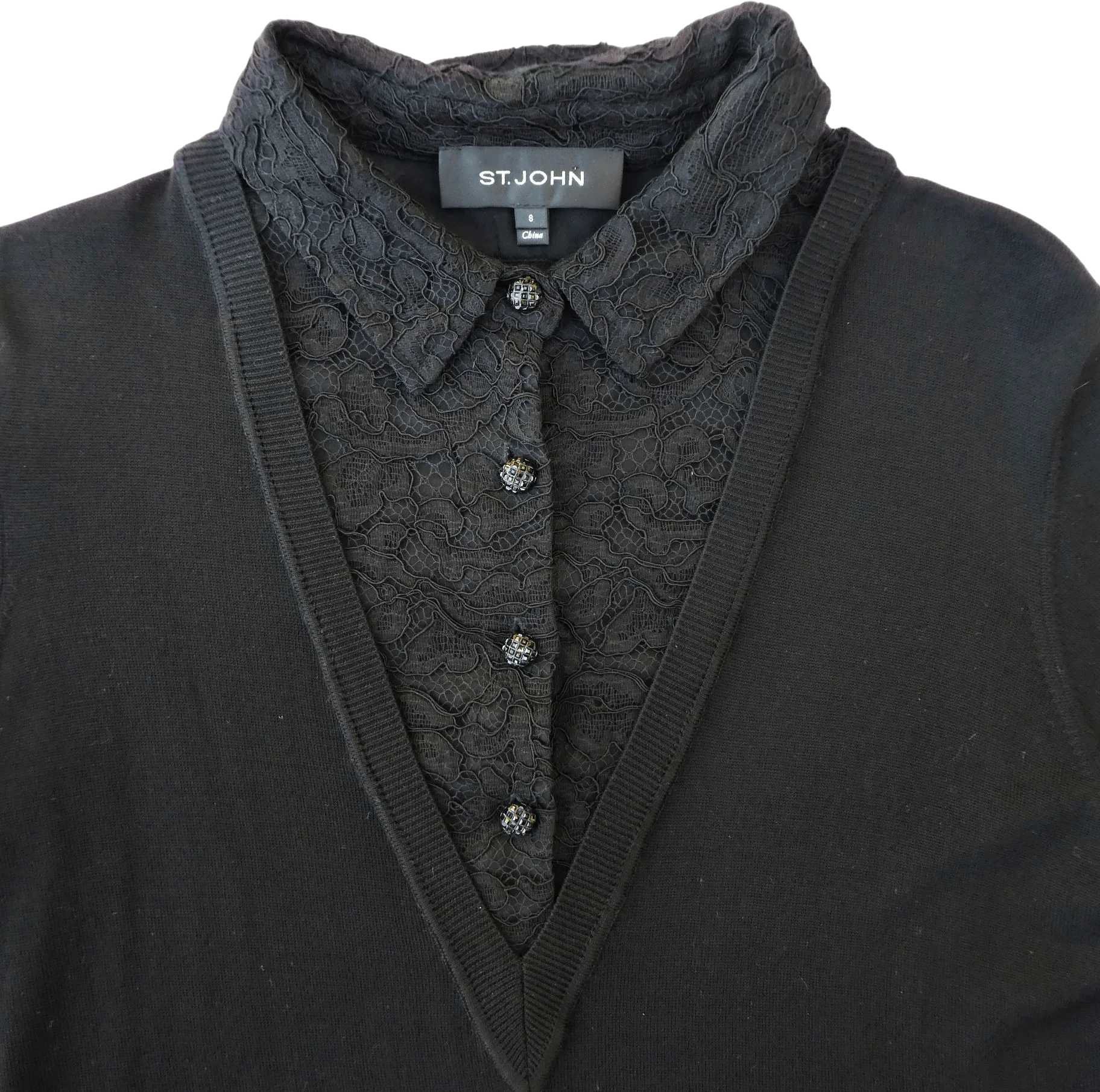 90s/00s Black Wool Knit Deep V Lace Collared Dicky S By St. John