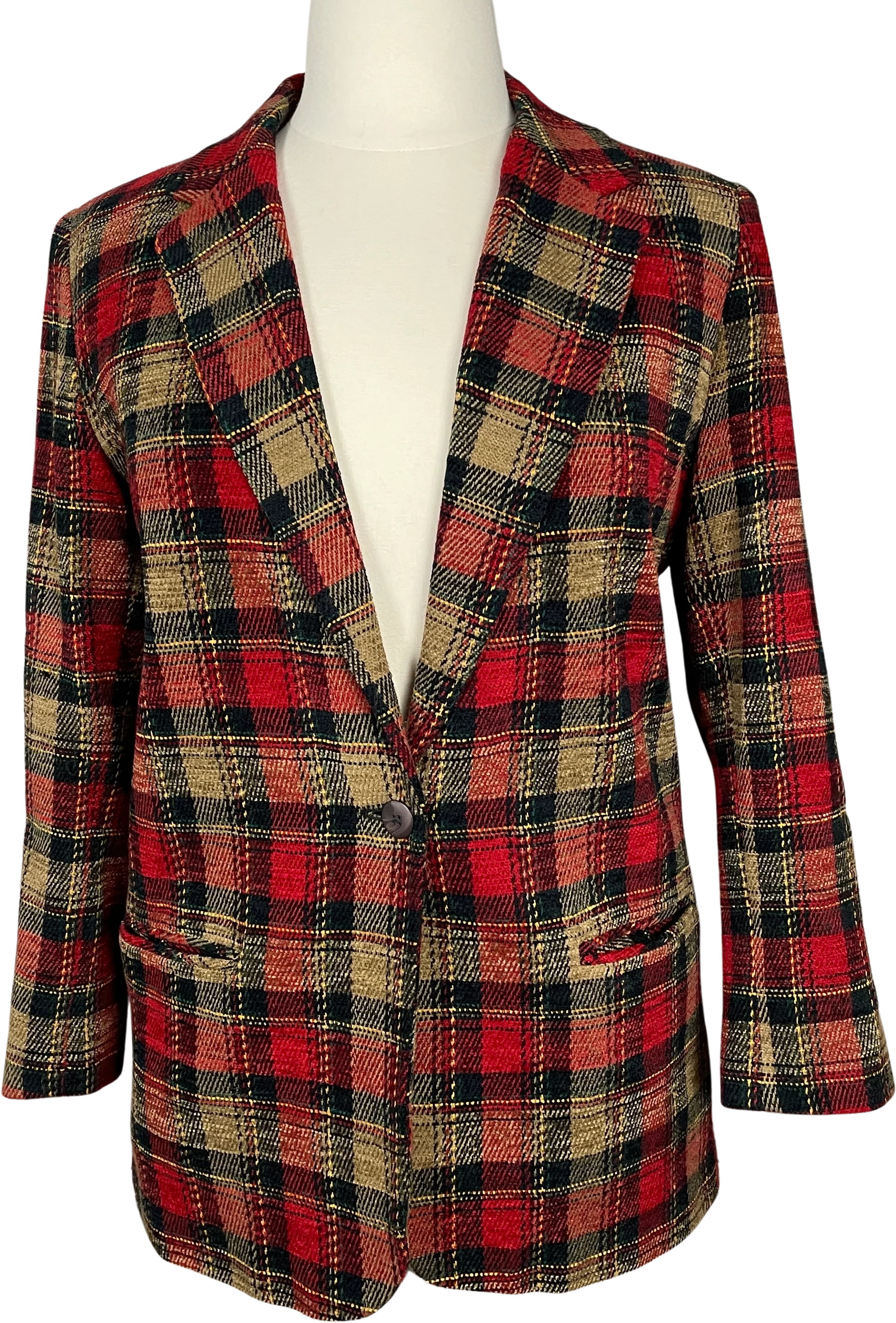 90s/00s Blazer Size 16 Red Tan Plaid Check Single Breasted By Sag Harbor