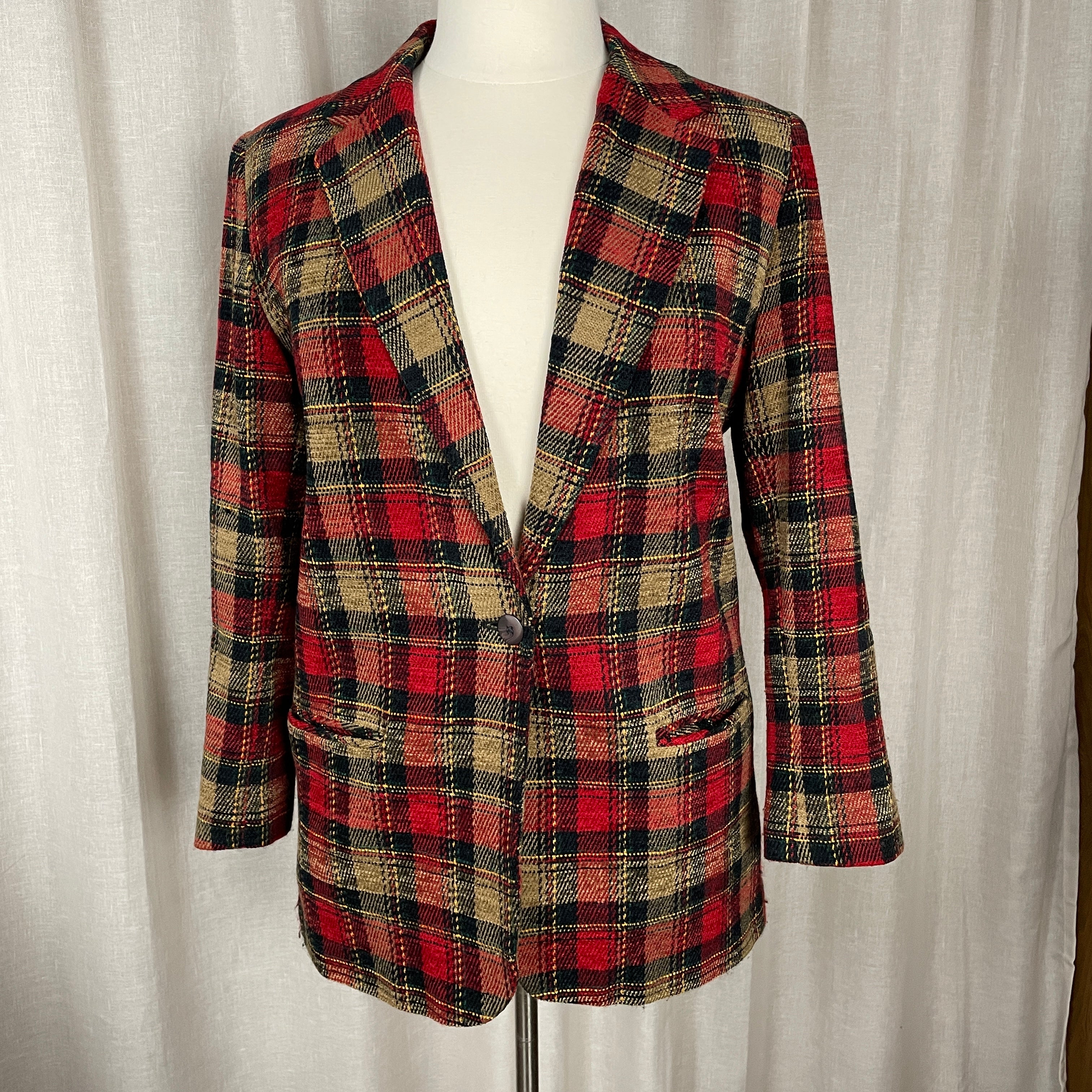 90s/00s Blazer Size 16 Red Tan Plaid Check Single Breasted By Sag Harbor - Image 3