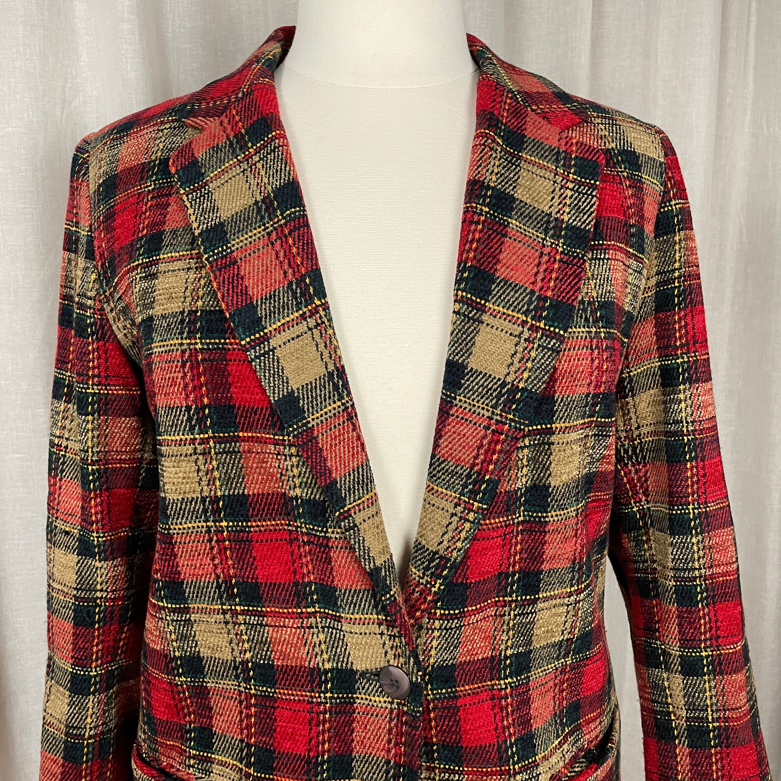90s/00s Blazer Size 16 Red Tan Plaid Check Single Breasted By Sag Harbor - Image 4