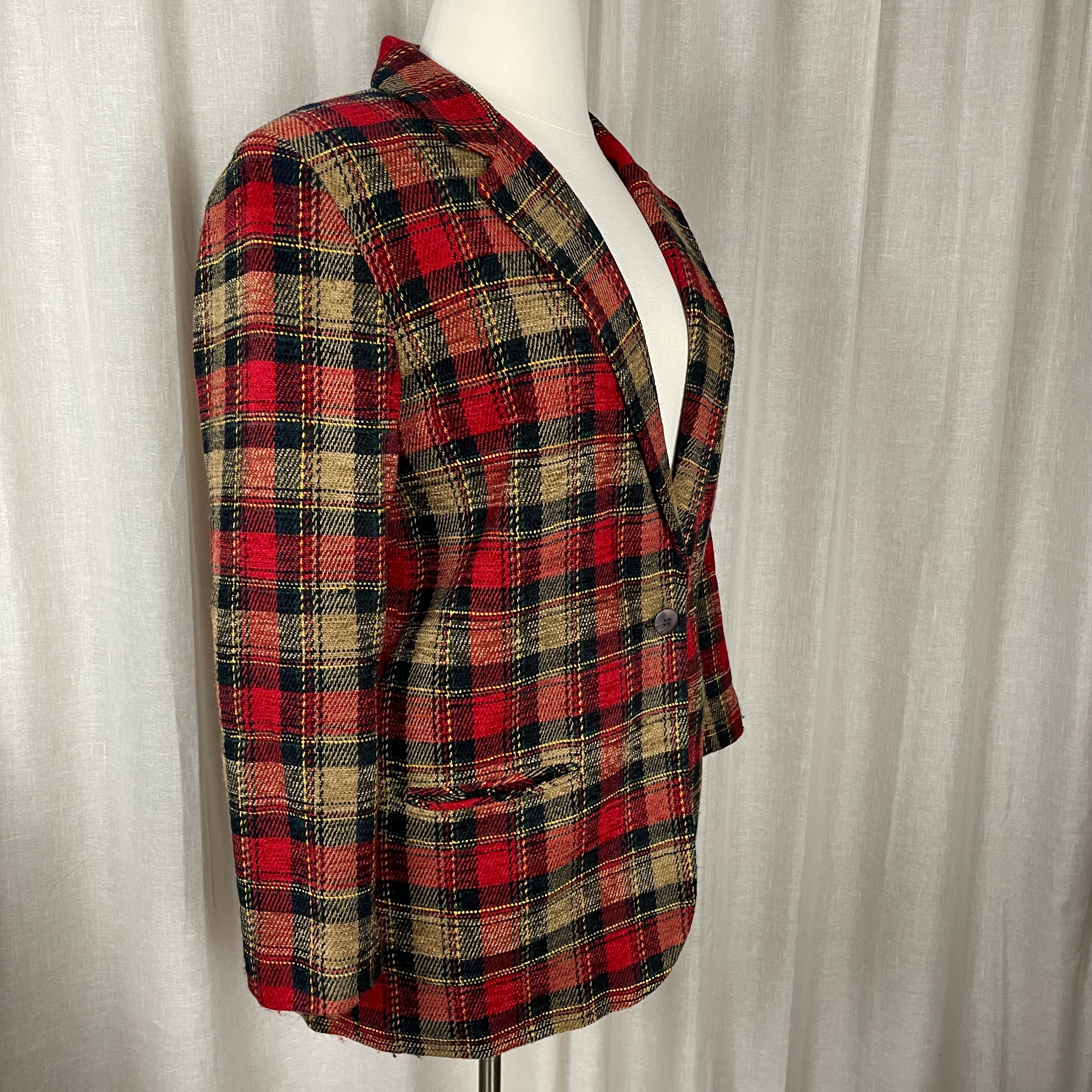 90s/00s Blazer Size 16 Red Tan Plaid Check Single Breasted By Sag Harbor - Image 6