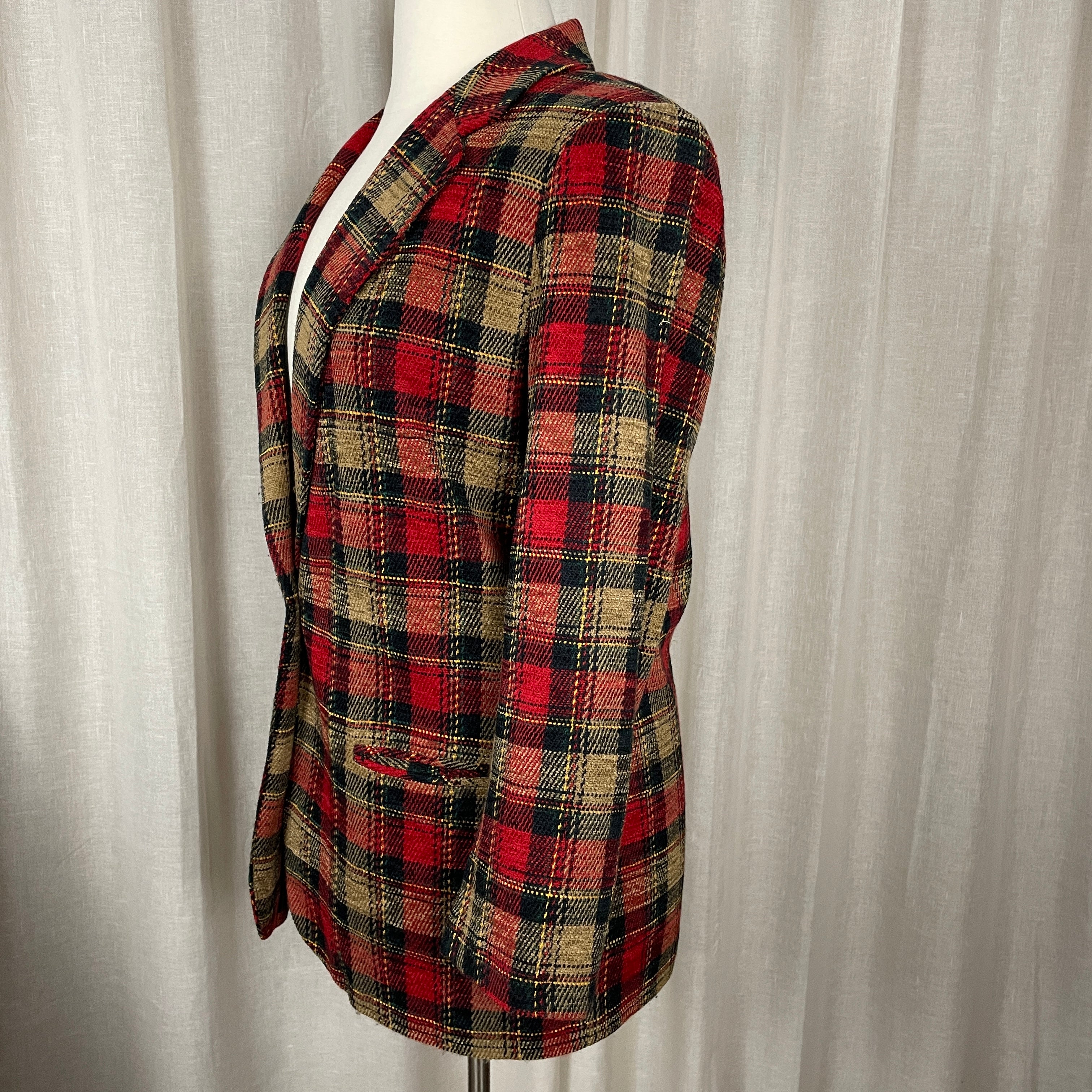 90s/00s Blazer Size 16 Red Tan Plaid Check Single Breasted By Sag Harbor - Image 7