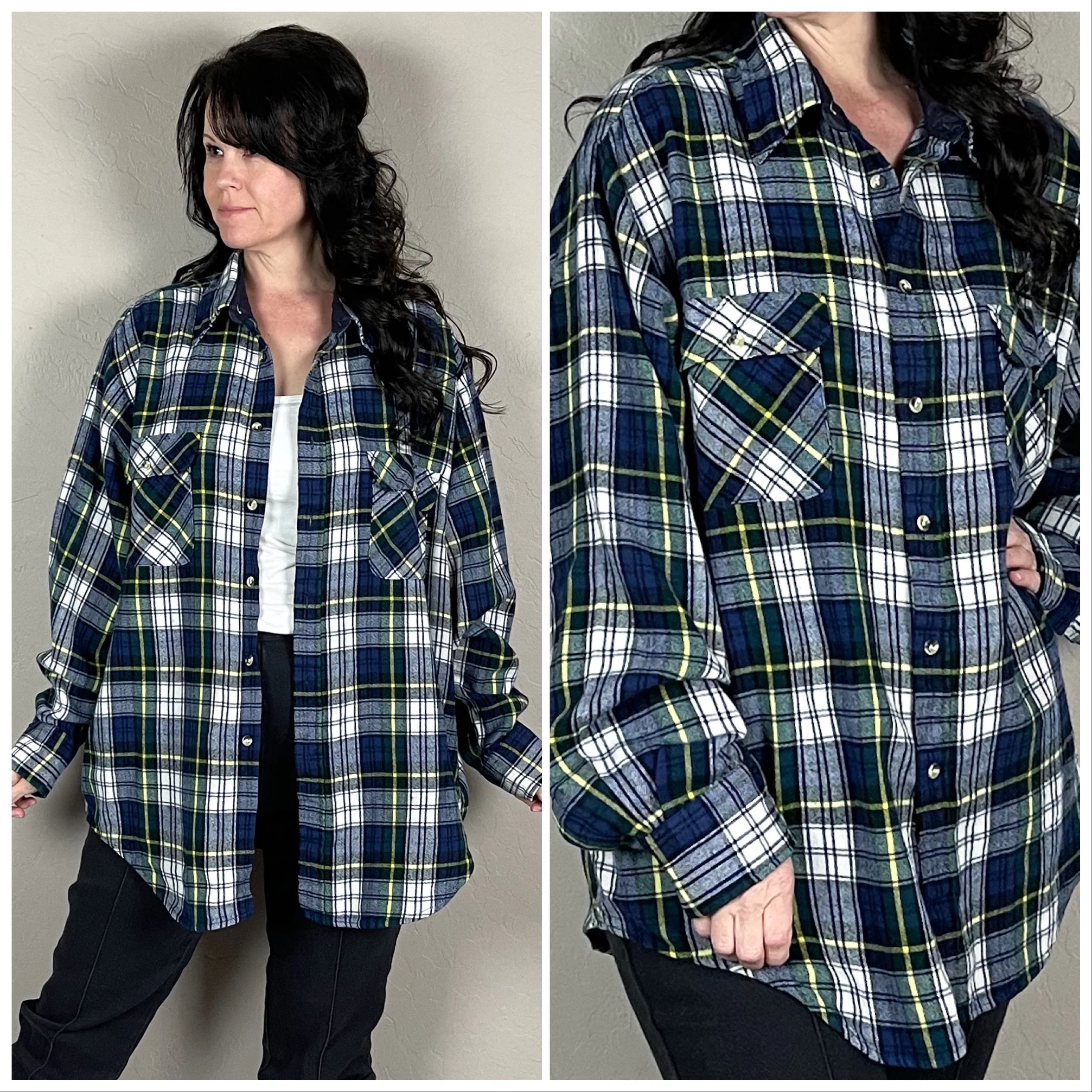 90s/00s Blue And White Plaid Flannel Button Up Shirt By River Trader - Image 2