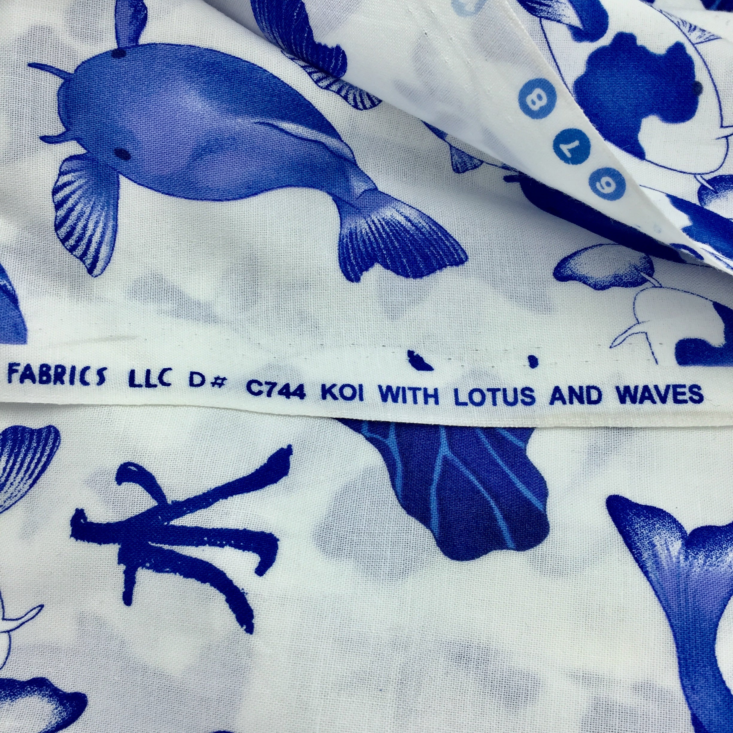 90s/00s Blue Delft Koi With Lotus And Waves Fabric By Michael Miller Fabric - Image 5